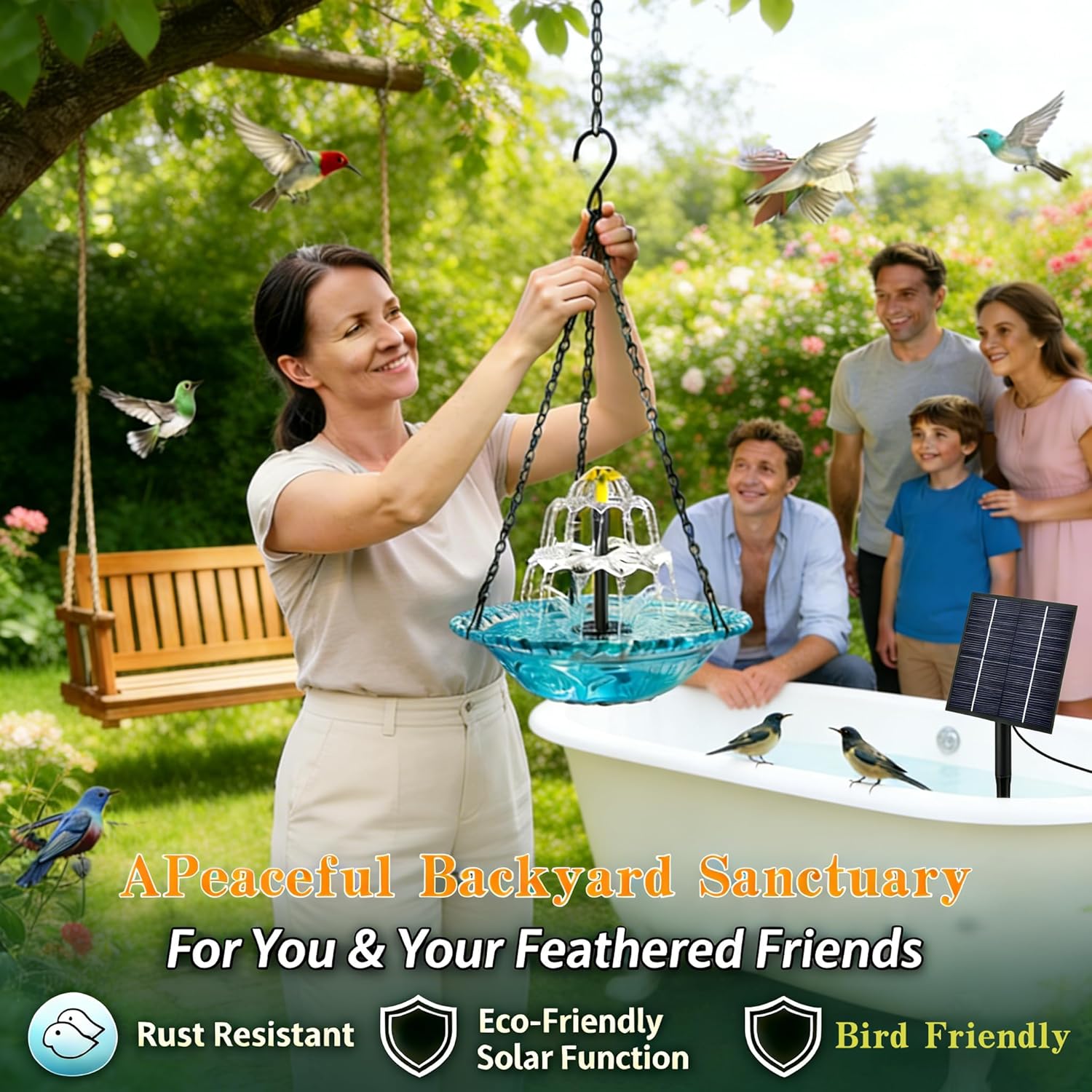 Bird Fountains Outdoor,Hanging Solar Bird Bath Fountain, Solar Powered Cascading Outdoor Water Fountain, Hanging Bird Bath with Flowing Water, Decorative Garden Patio Bird Bath Fountain (Blue)