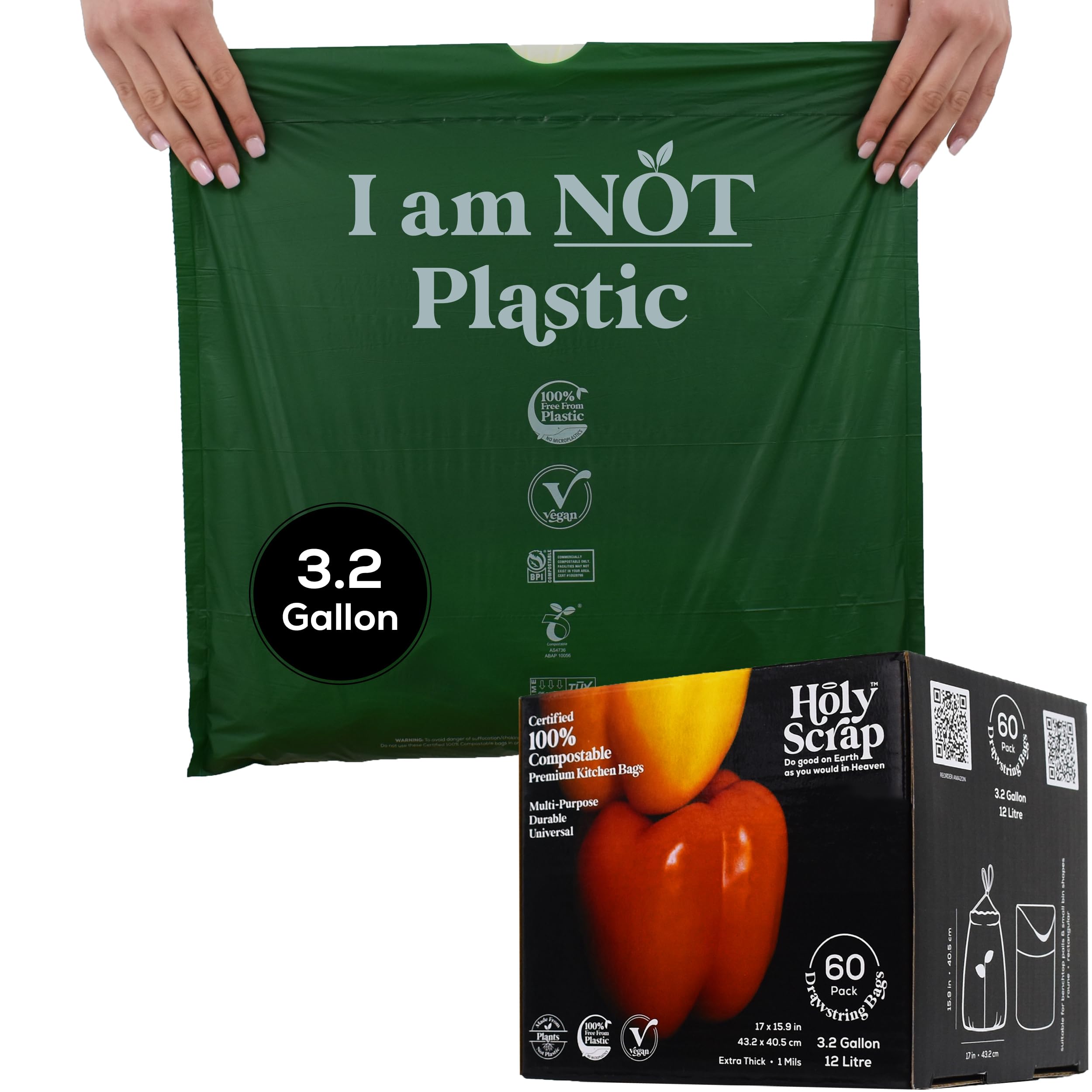 100% Compostable Trash Bags 3.2 Gallon - 60 Pack - Small Drawstring Compost Bags, Eco Friendly Food Scraps Recycling Bag for Kitchen Waste Bin - BPI Certified, OK Compost Home