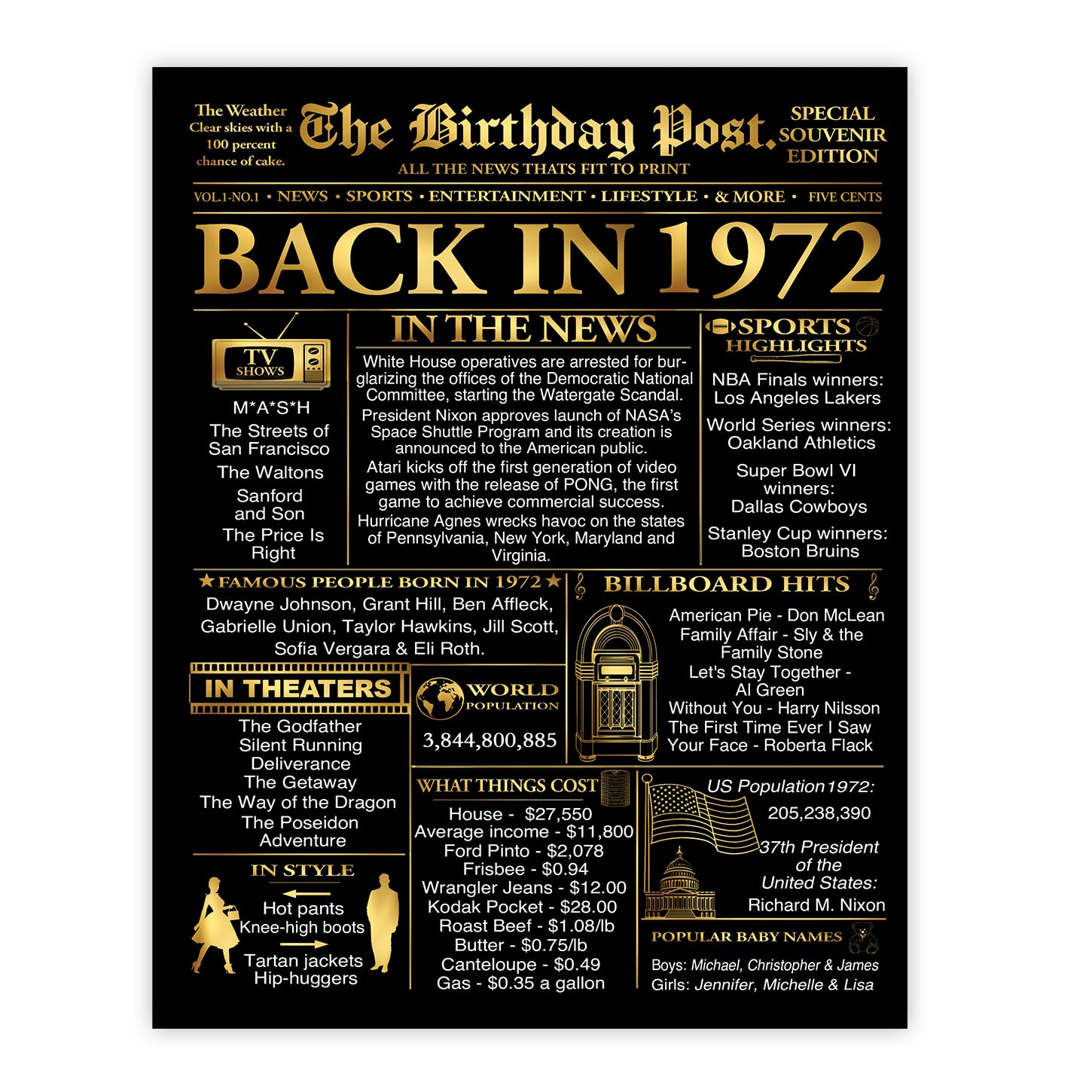 Stuff4 Gold 54th Birthday Poster Unframed - Golden Born In 1972 Newspaper - Happy 54 Birthday for Men Women Retro Vintage Gifts Back In 1972, 8x10 Inch Bday Party Decor Decoration