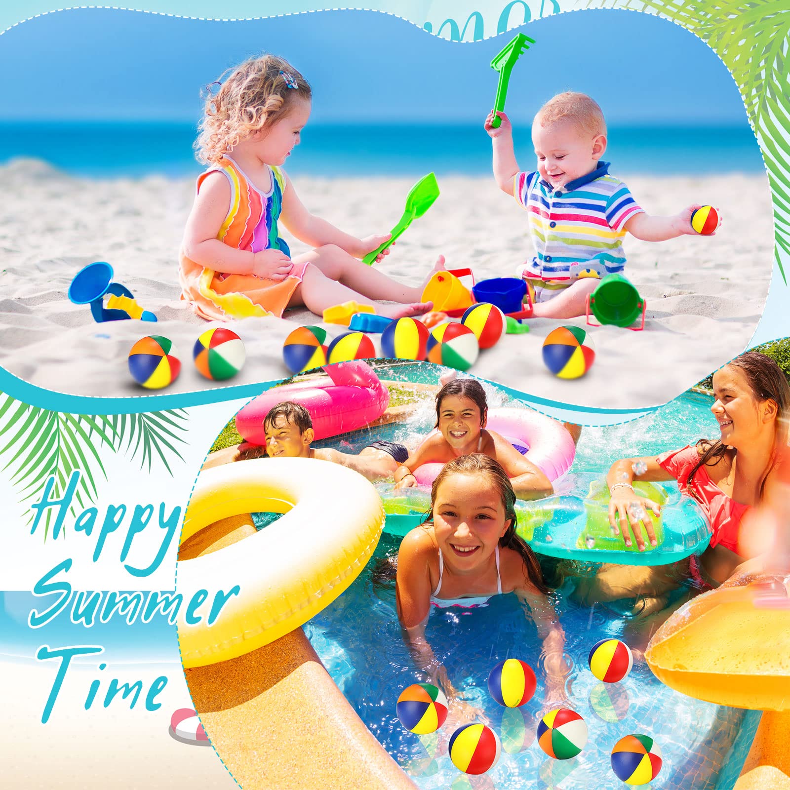 24 mini bolas de estrés para la playa de 2.5 pulgadas, espuma de poliuretano, para aliviar el estrés, mini bolas de playa de arcoíris, juguetes para niñas, niños, cumpleaños, playa, fiesta 2