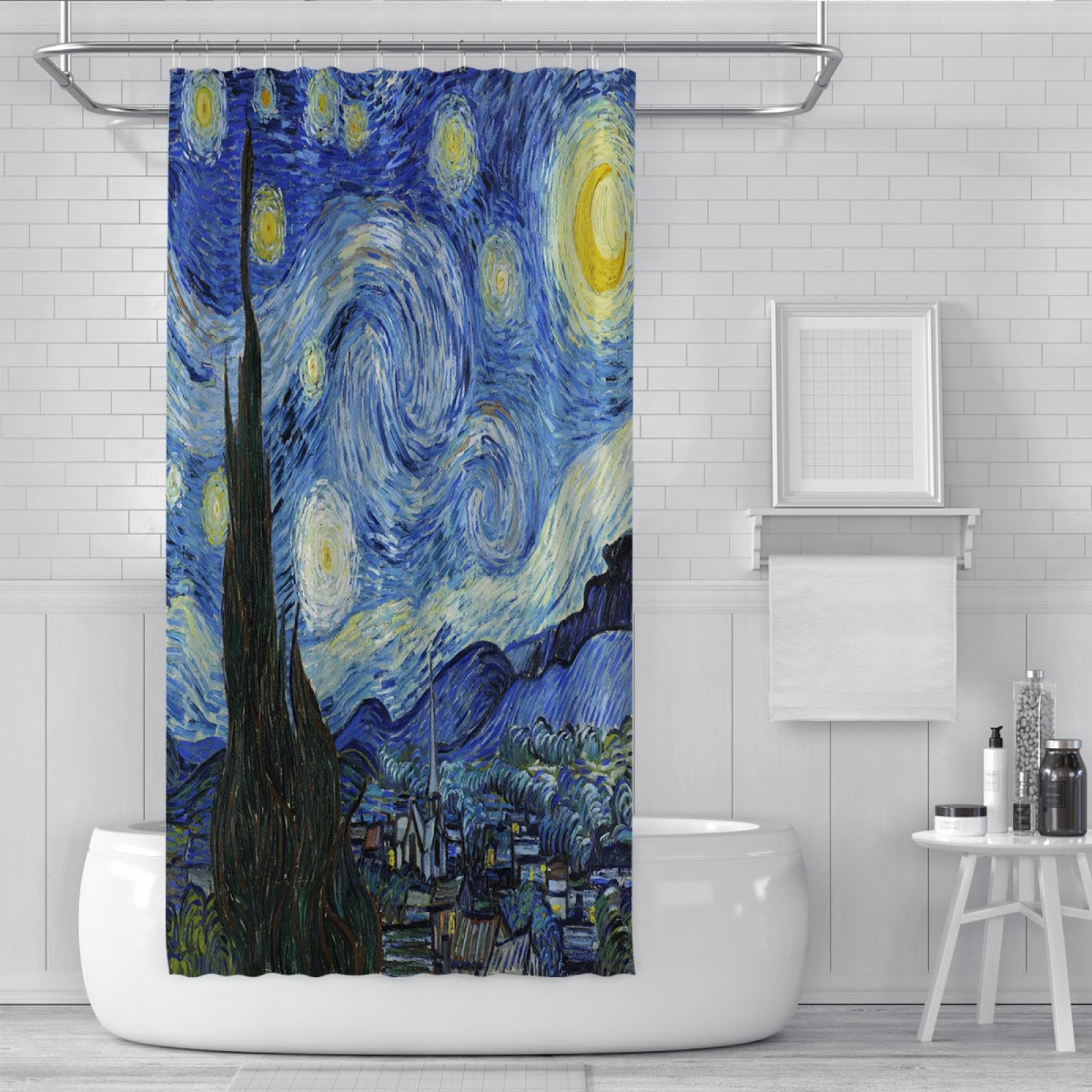 Rideau de Douche de Ferme la Nuit étoilée célèbre Peinture Impression Baignoire Doublure de Rideau de Douche pour décoration de Salle de Bain Romantique étanche W200xL200(cm)