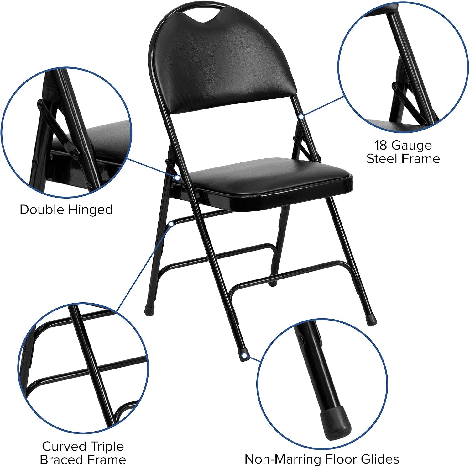 Flash Furniture 4 Pack HERCULES Series Ultra-Premium Triple Braced Black Vinyl Metal Folding Chair with Easy-Carry Handle