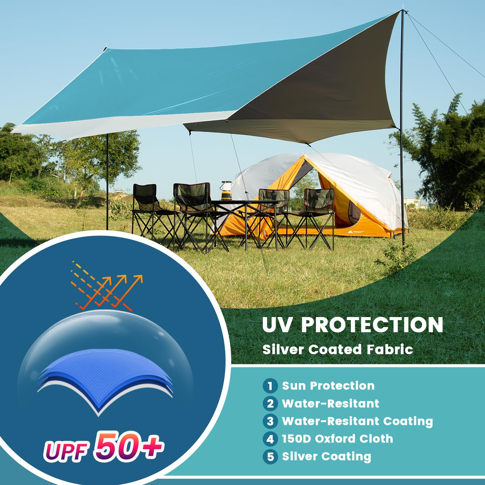 Bâche de Camping avec 2 poteaux,bâche imperméable PU2000+, UPF 50+, revêtement argenté, Toile imperméable avec œillets pour Camping, Backpacking, randonnée