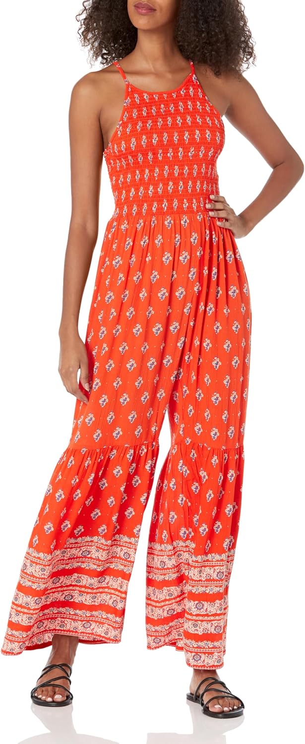 Angie Women's Angie Women's Smocked Bodice Flare Leg Jumpsuit