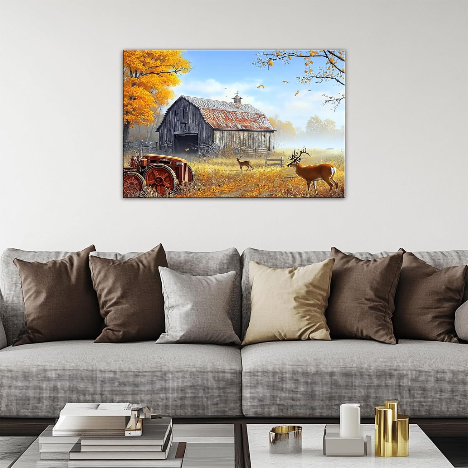 Autumn Farmhouse Wall Art Old Barn Truck Deer Pictures Farm Landscape Canvas Prints Rustic Fall Paintings for Living Room Bedroom Decor Framed(FARM-2,16"x24")