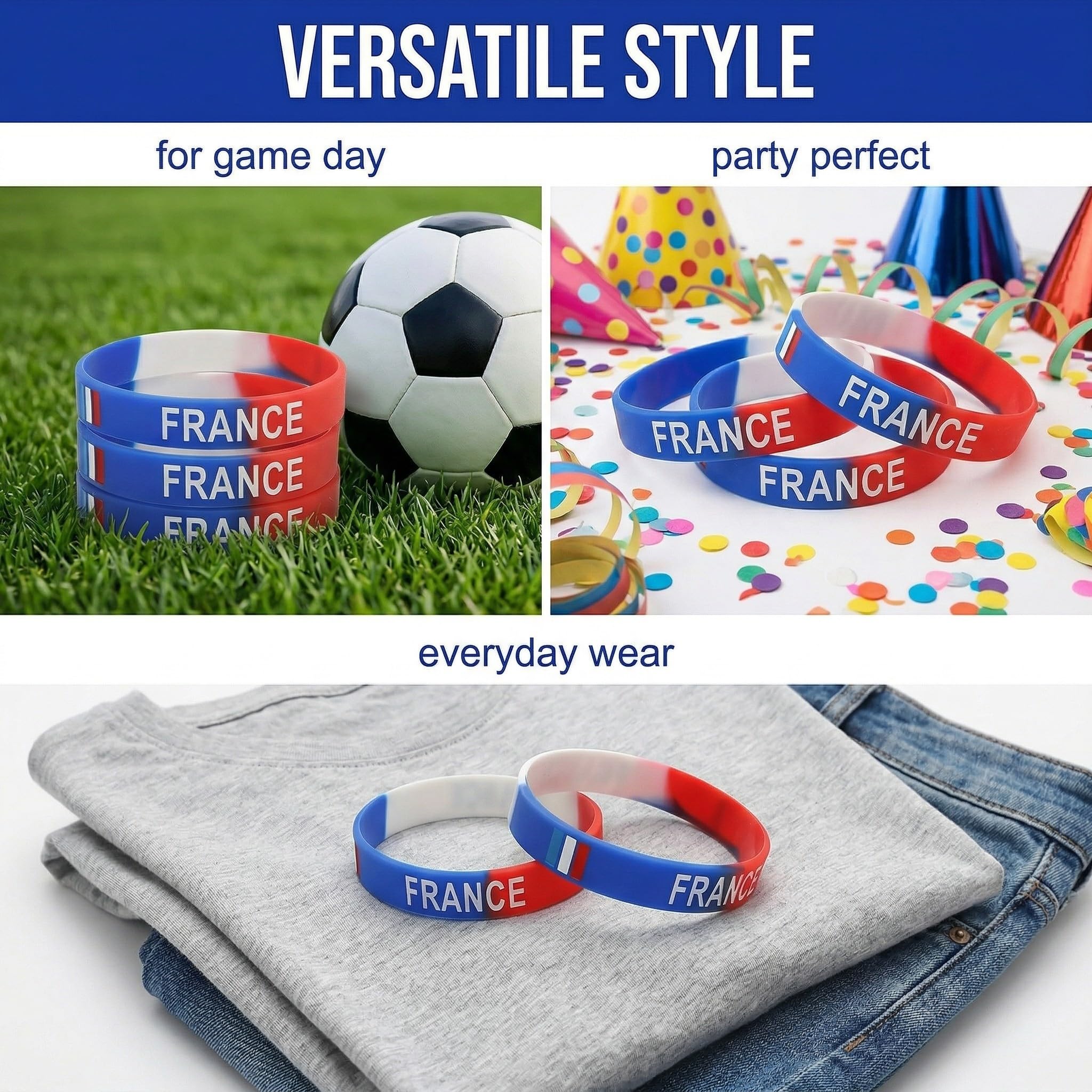 Lot de 3 Bracelets Silicone France - Accessoire Supporter Drapeau Français pour Football et Rugby - Kit Supporter Idéal