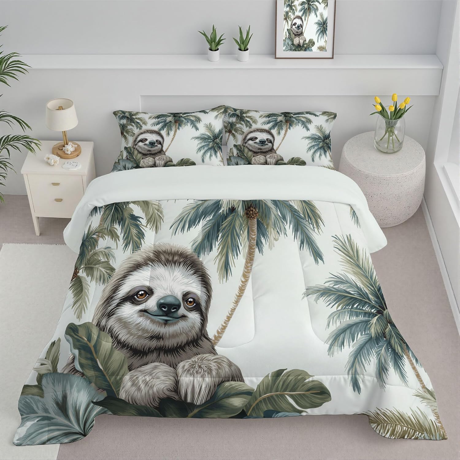 White 104" x 90" Duvet, Reversible Coverless Children Boys Girls 3 Duvet, King Washable Quilt 7.5 Tog for All Seasons, Cartoon Sloth Comforter with 2 Pillowcases
