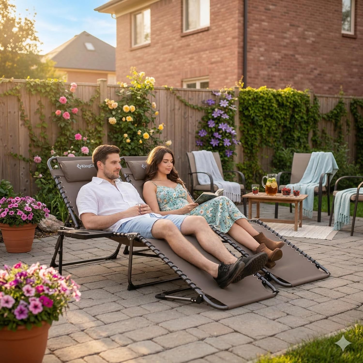 KingCamp Folding Chaise Lounge Chair for Outside Beach, Sunbathing, Patio, Pool, Lawn, Deck, Lay Flat Camping Reclining Lounge Chair with Pillow & Side Table ?1 Pack, Beige?