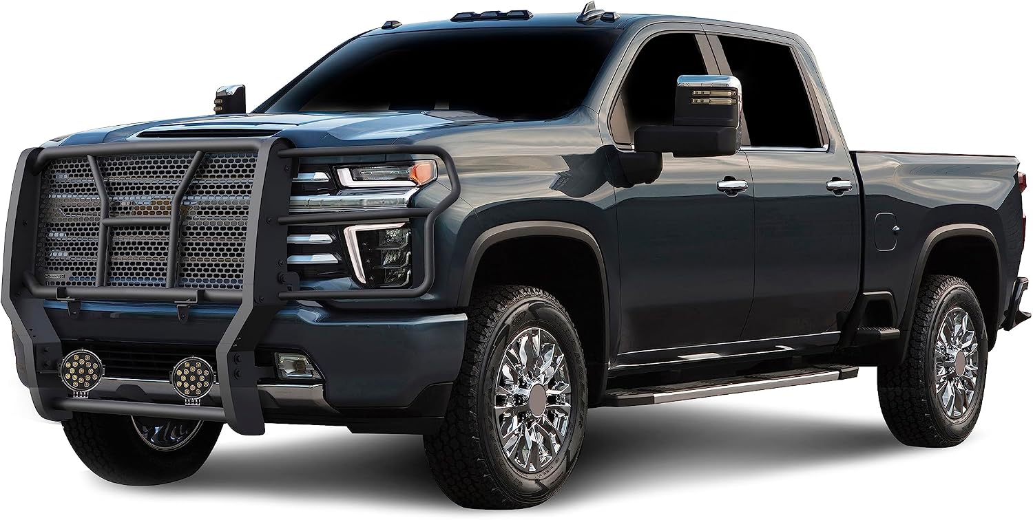 Black Horse Rugged Heavy Duty Grille Brush Bumper Guard Modular Black Come with Pair of 7.0" Dia.LED Lights with Black Trim Rings Compatible with 2020-2026 Silverado 3500 HD/2500 HD-RU-CHSI30-B-PLB