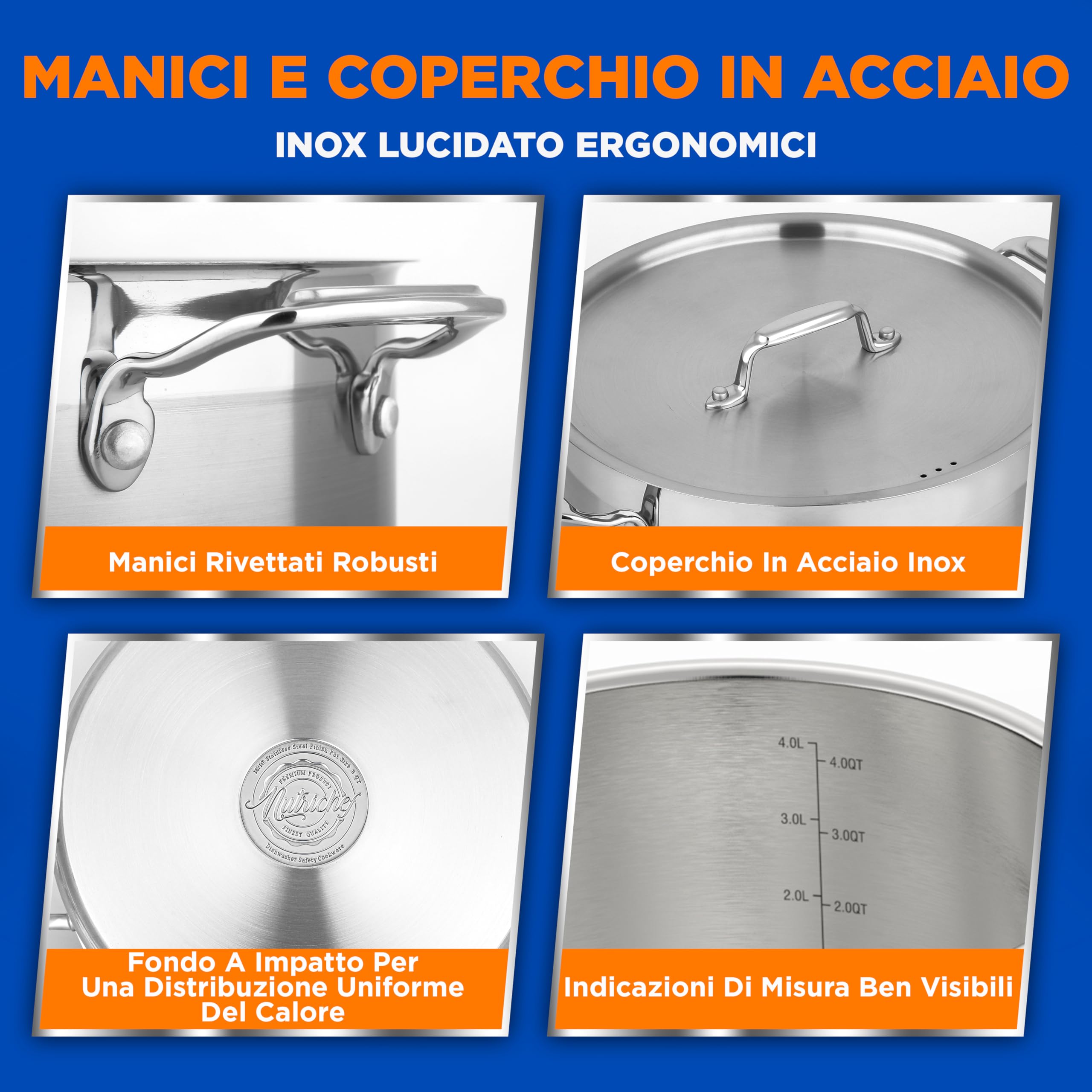 NutriChef Pentola Acciaio Inox 13,2 L con Coperchio, Manici Ergonomici, Pentola Induzione Resistente, Ideale per Cucine Professionali e Casa