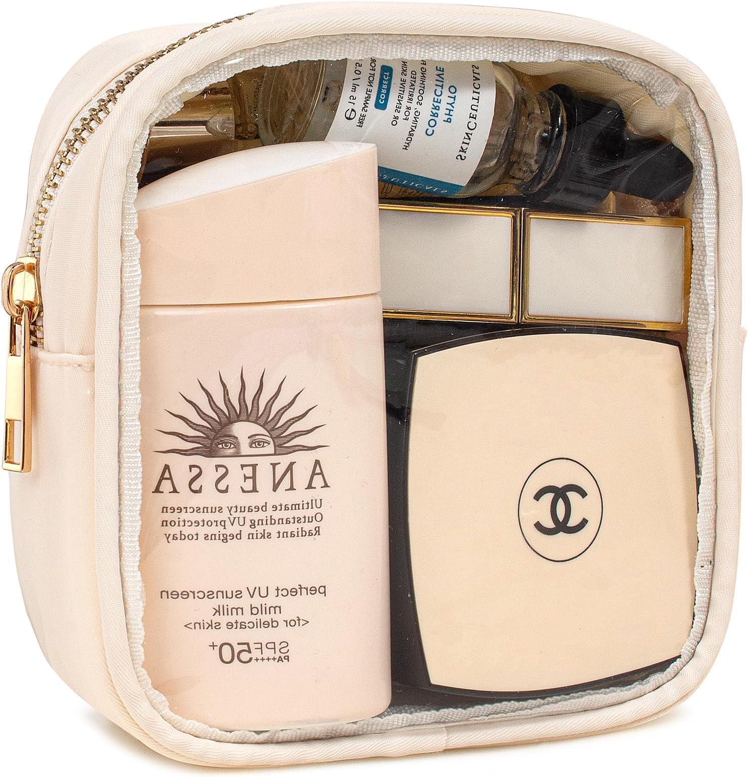 LETGOSmall Clear Makeup Bag for Purse Small Cosmetic Bag Travel Size Toiletry Bags Cute Travel Makeup Bag,Coin Purse,Car Asscessories Organizer Storage Travel Essentials for Women Girls(Clear-Beige)