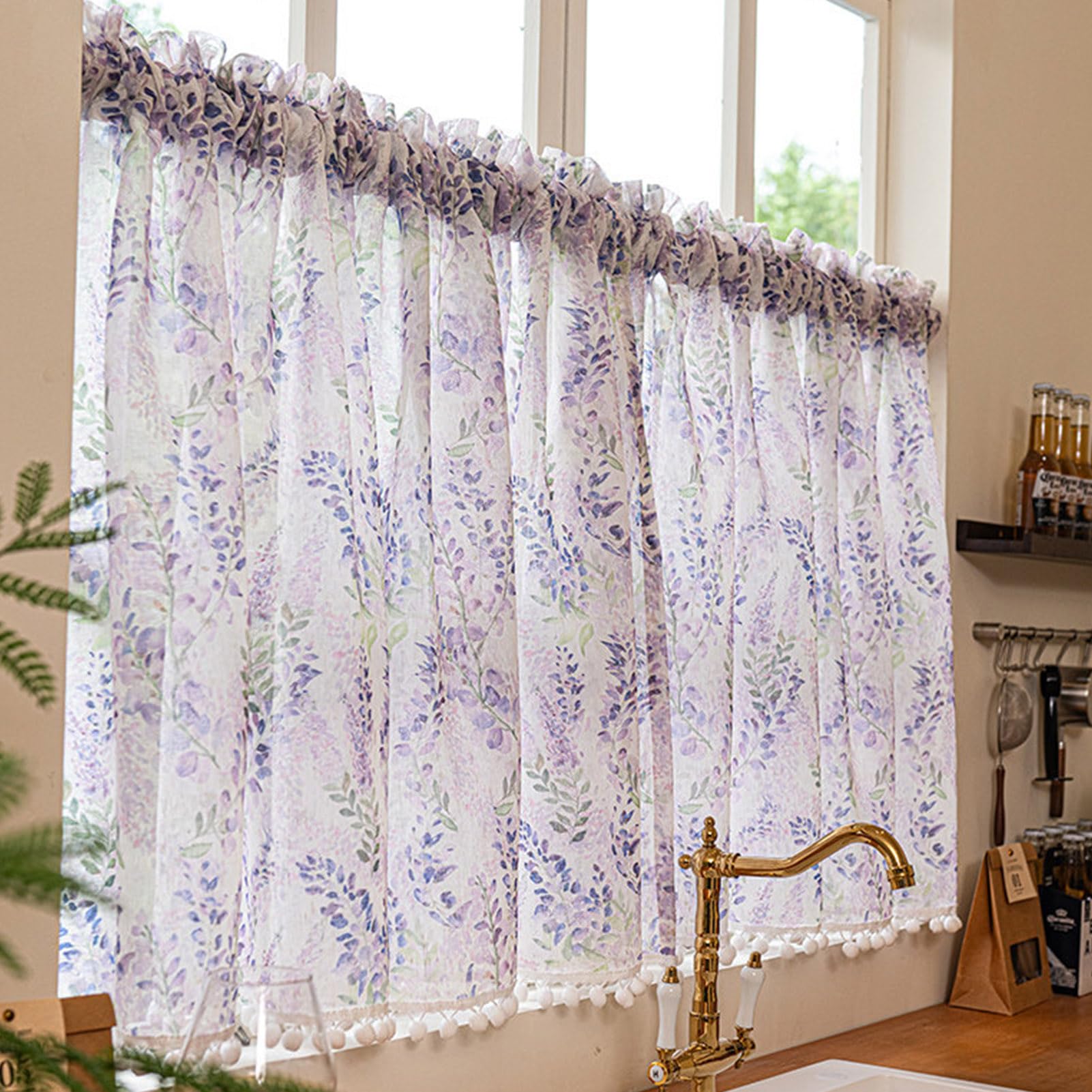 ZZYK Light Filtering Purple Valance Romantic Flowers Print Curtain Farmhouse Washed Gauze Rod Pocket Window Treatment for Living Room Bedroom Kitchen,79" W x 59" L(Pack of 1)
