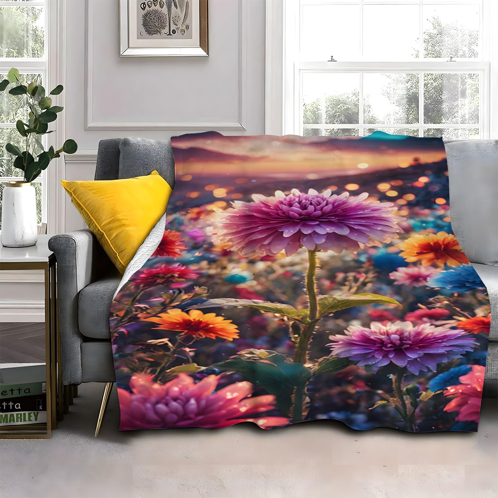 Couverture polaire chrysanthème violet grand plaid lit doux 180x200