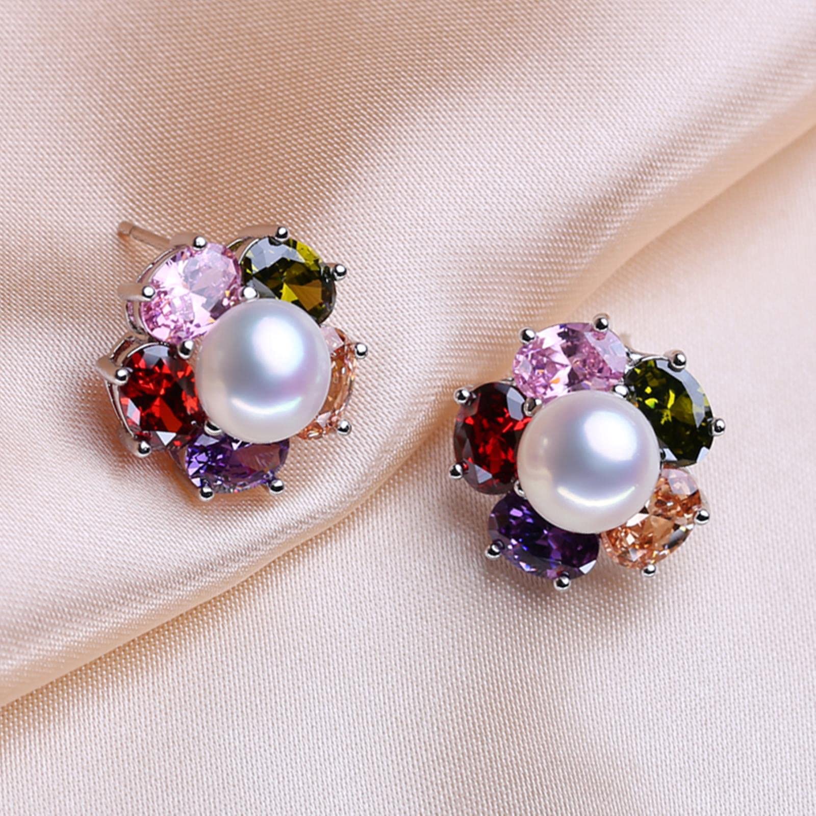 Set di Gioielli in Argento Sterling 925 con Perle Orecchini A Bottone con Perle Naturali per Le Donne Anello da Festa con Ciondolo Fiore Colorato