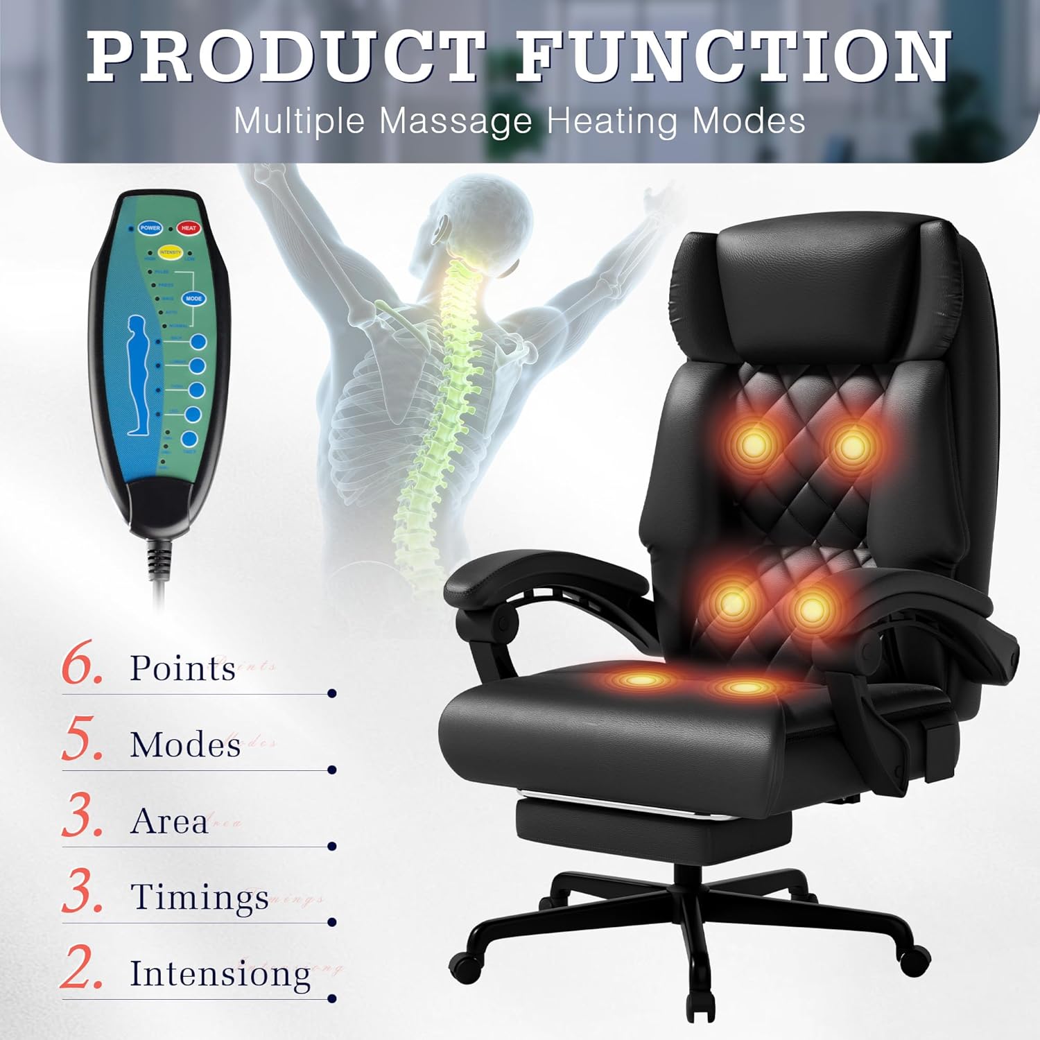 Furmax Massage Office Chair with Foot Rest 6 Points Vibration 400LBS Big and Tall Office Chair for Heavy People High Back Reclining Executive Computer Chair for Home Office Desk (Black)
