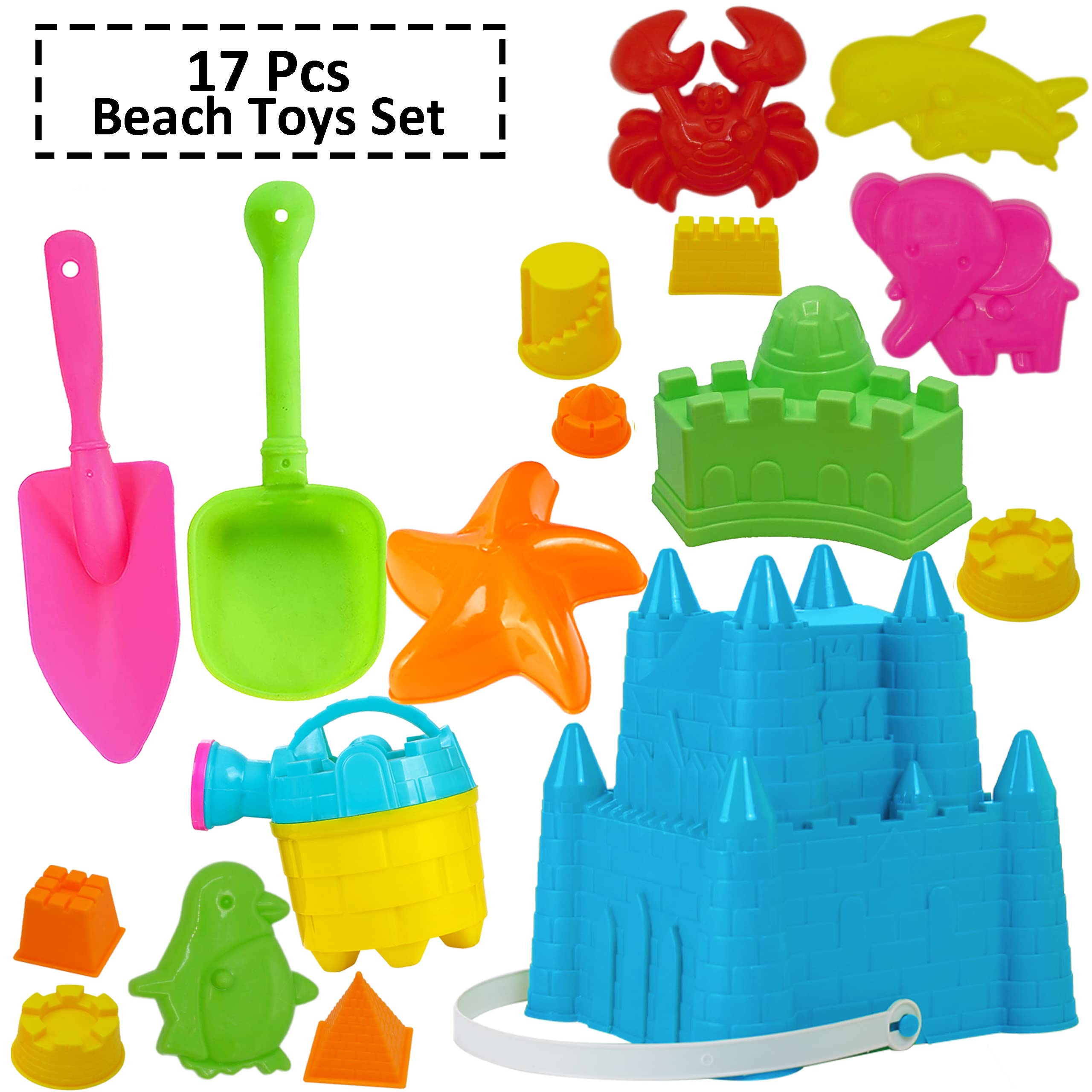 4E's Novelty Beach Toys for Kids with Bag (17 Pcs Set) Castle Beach Bucket with Shovels & Molds - Sand Toys for Toddlers with Mesh Beach Bag Backpack, Easter Basket Stuffer