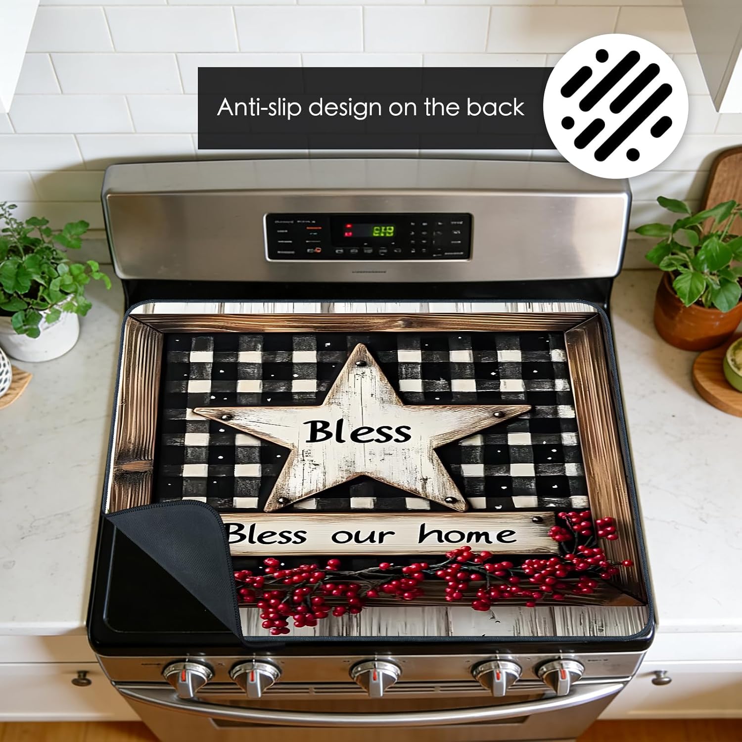 Nuxovilar Stove Top Cover Bless Our Home Buffalo Plaid Star pattern Polyester Diatomaceous Earth Mixture 28.65x20.47inch Stove Cover, Glass Top Cover Protector Countertop Saver for Farmhouse Kitchen