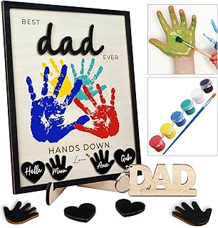 10" Hands Down Best Dad Ever DIY Handprint Kit with Acrylic Paint, Art Craft Family Keepsake Wood Frame Dad Keychain Birthday Father's Day Gift for Daddy, Papa Family Sign with Kids Names HF90-D