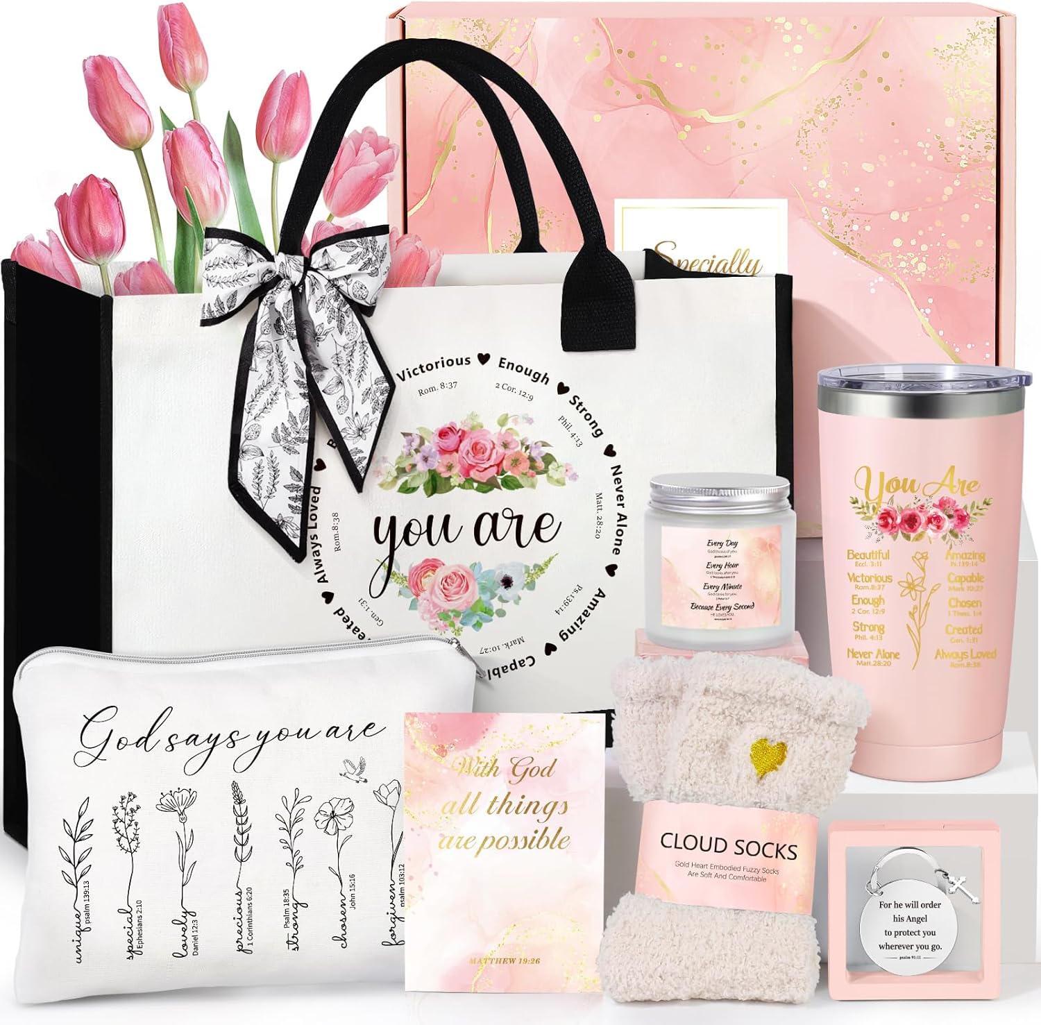 Christian Gifts for Women, 8Pcs Faith Based Gift Religious Gift for Women Catholic Christmas Gifts Birthday Basket Inspirational Spiritual Bible Verse Set with Tote Bag for Mom Grandma Sister