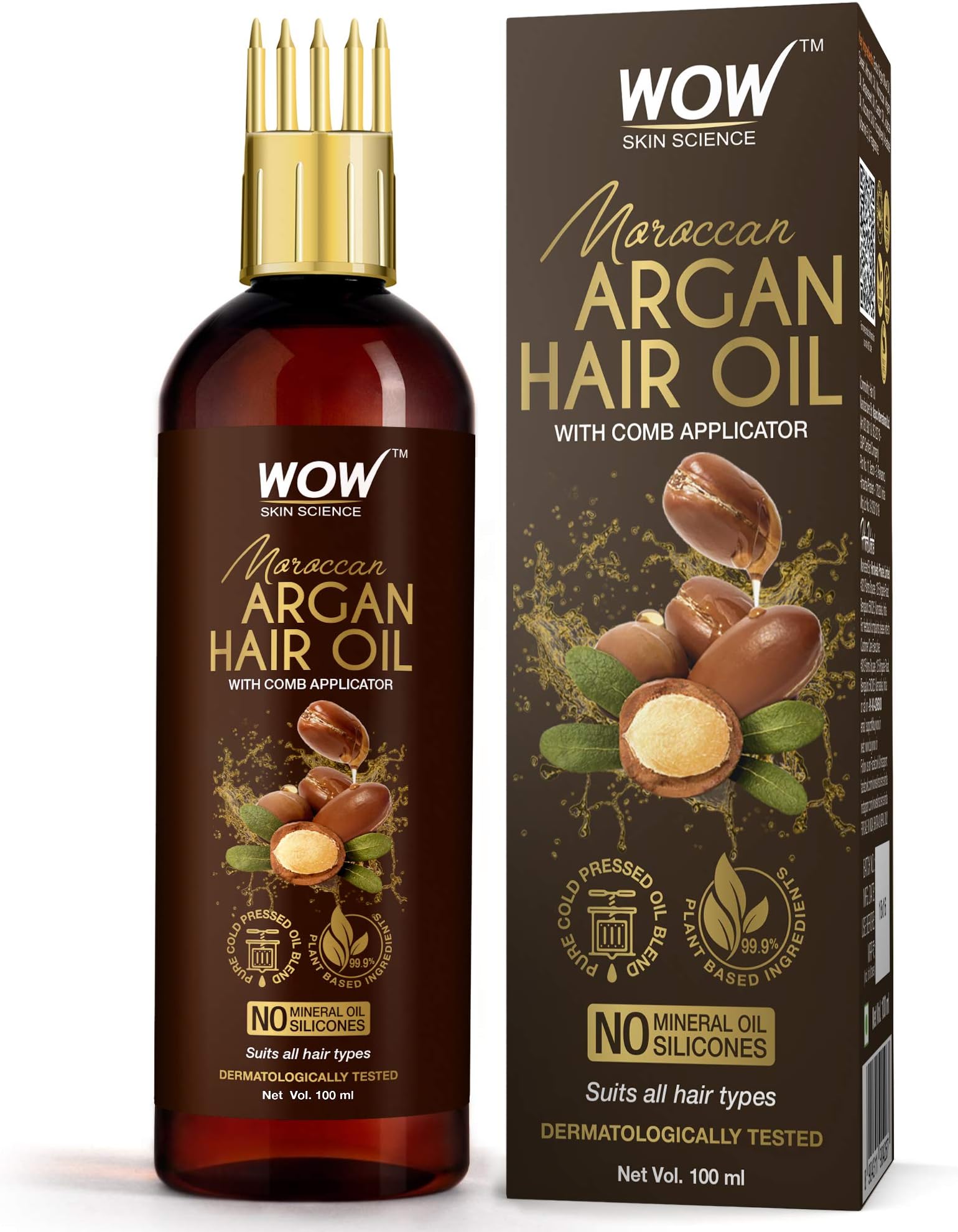WOW Skin Science W.O.W Moroccan Argan Hair Oil with Comb Applicator - Cold Pressed, No Mineral Oil & Silicones, 100ml