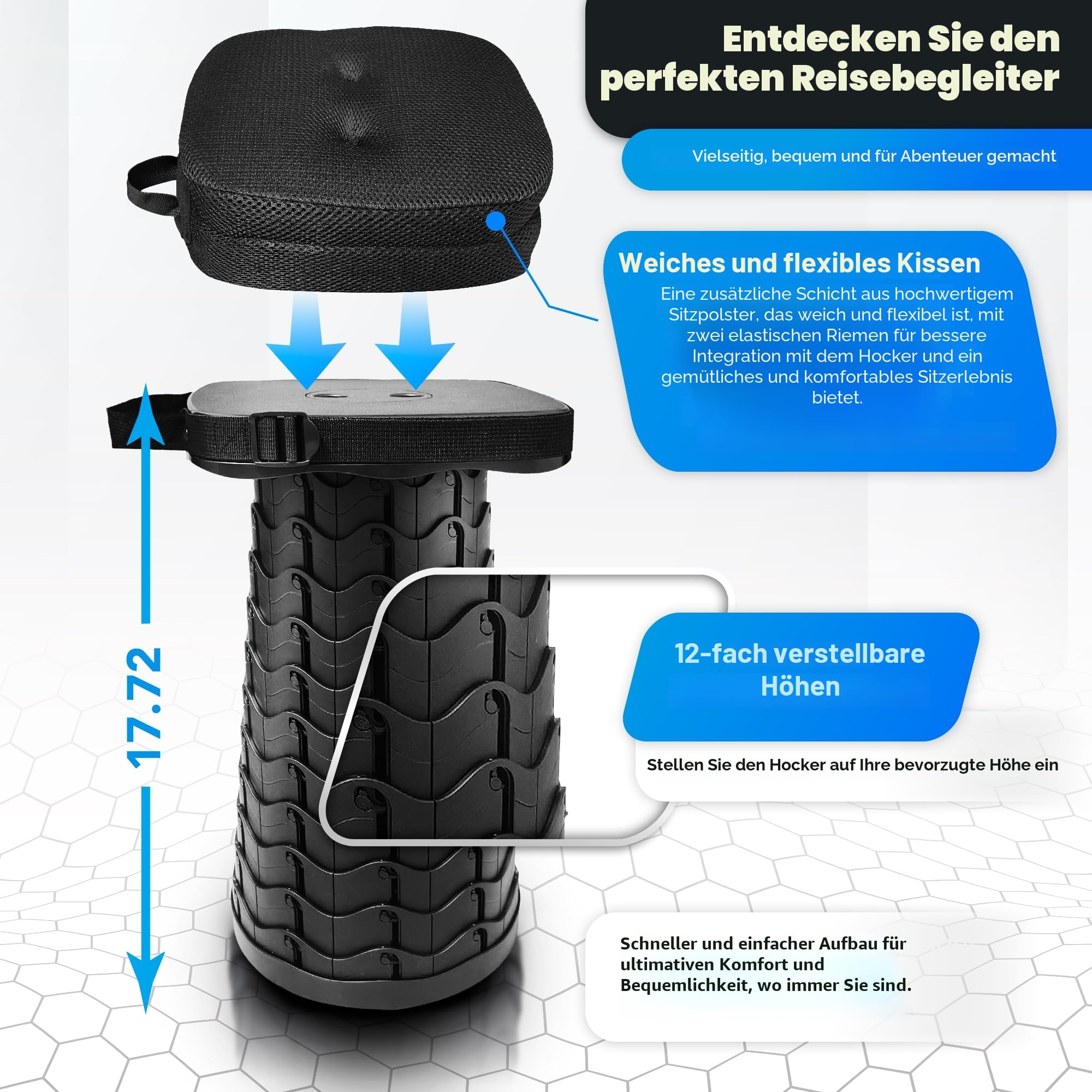 Tragbarer Teleskophocker mit Kissen & Tragetasche – klapphocker faltbar, höhenverstellbar 6–45 cm, stabil bis 200 kg, quadratischer teleskophocker für Camping, Garten, Angeln & Reisen