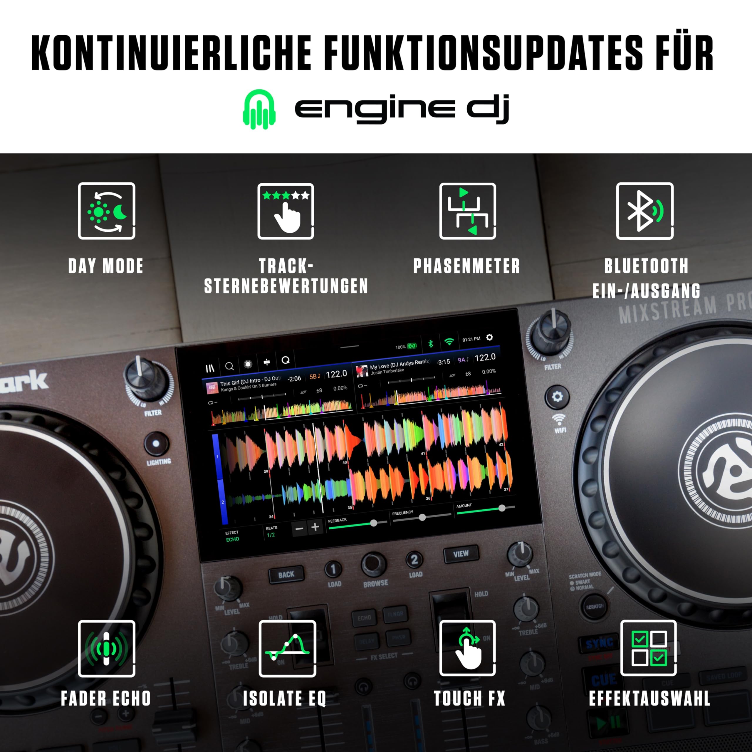 Numark Mixstream Pro Go Tragbarer DJ-Controller mit Akku, Mixer mit Stem-Trennung, Lautsprecher, WLAN-Streaming, Touchscreen, kompatibel mit Serato DJ