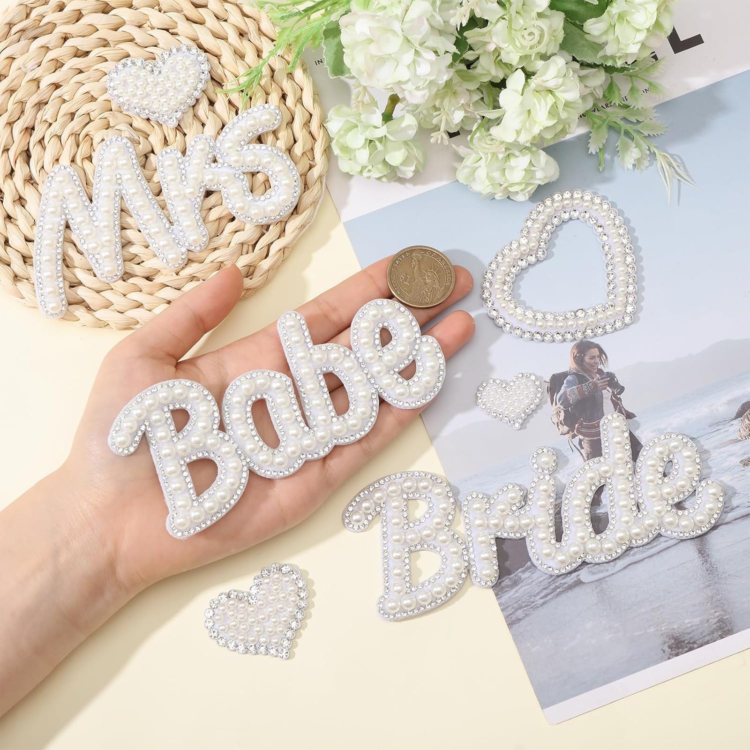 9Pcs Bride Beaded Iron on Patches Rhinestone Pearl Letter Heart Applique Sew on Glitter Stick on Mrs Babe Patch for Clothing Hats Bags Shirts Shoes Jeans Jackets