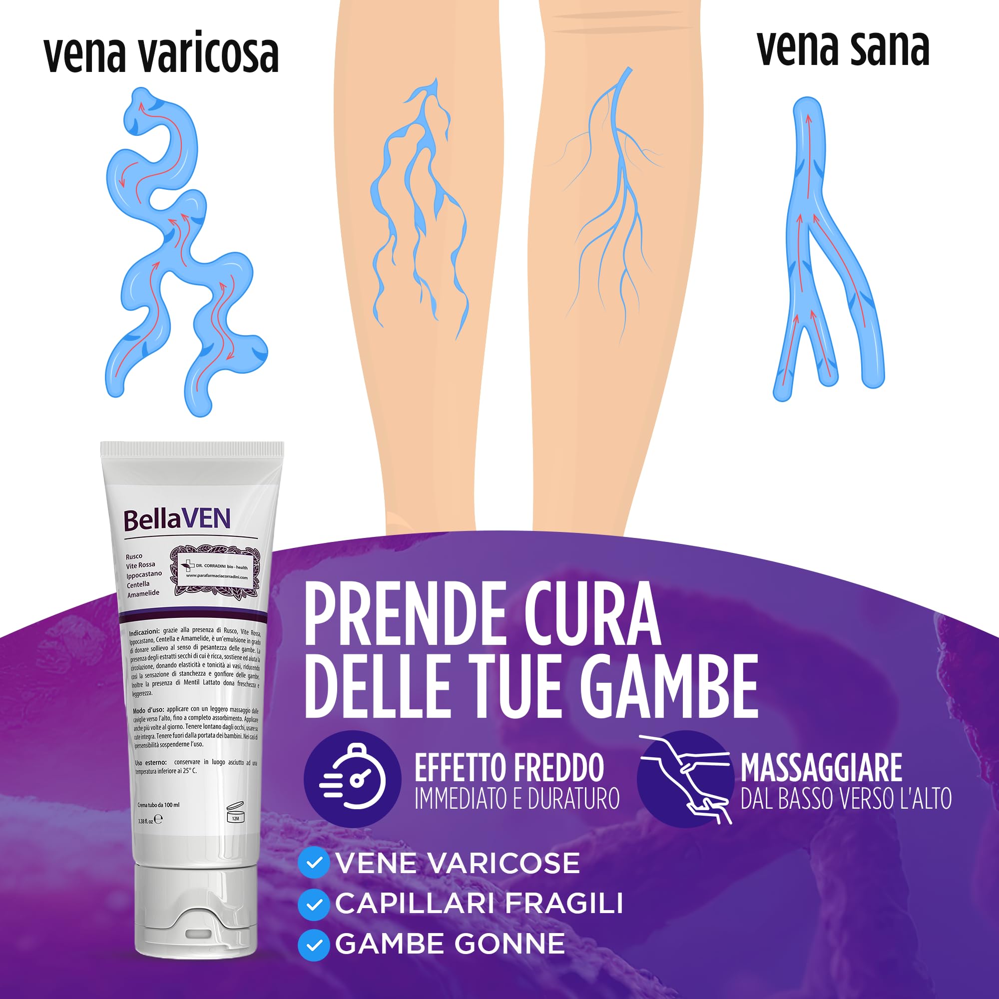 Dr. Corradini Crema Vene Varicose e Capillari con Rusco Vite Rossa Ippocastano Centella e Amamelide - Crema Gambe Stanche e Pesanti 100ml
