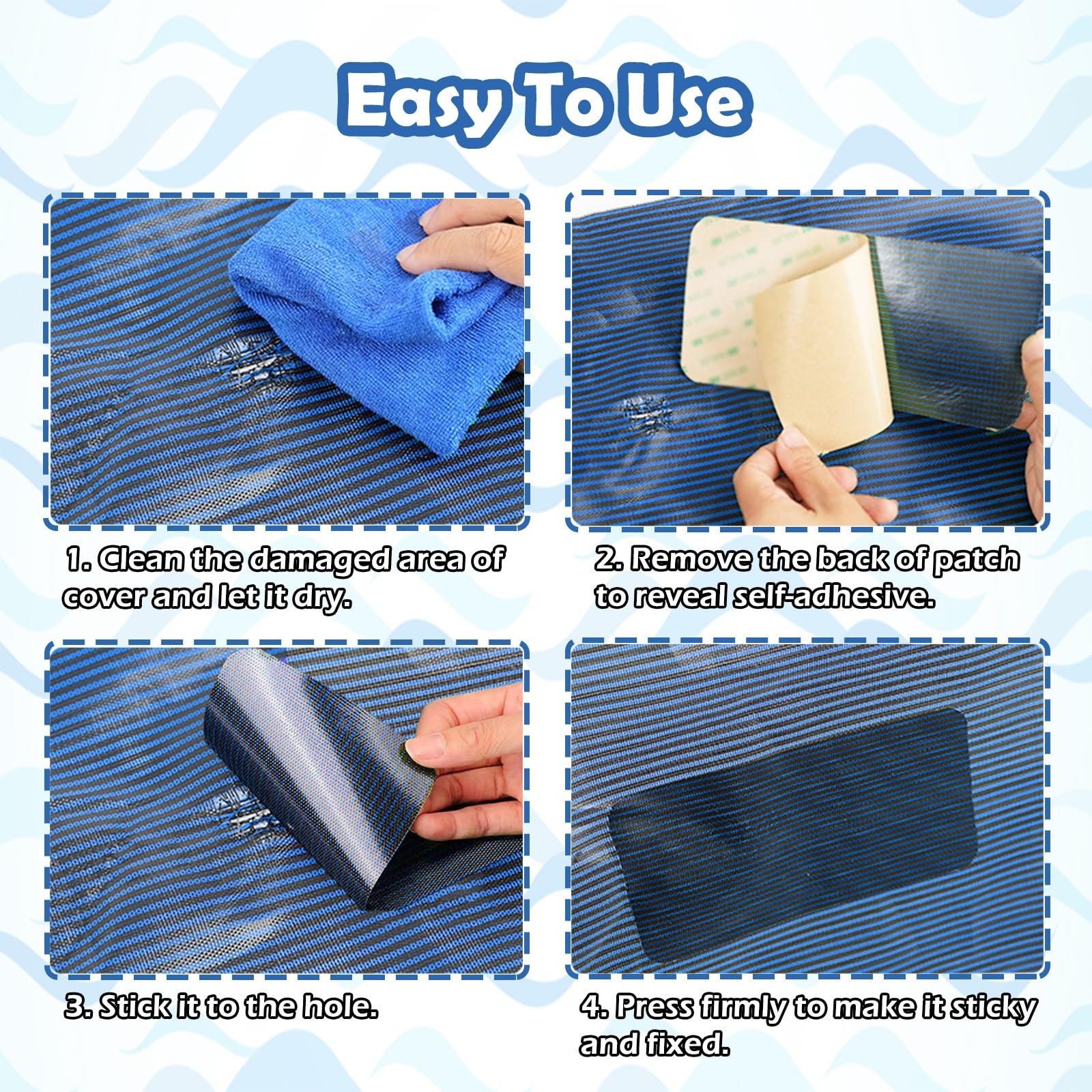 Kit de parches para cubiertas de piscina Parches grandes para cubiertas de piscinas Azul Kit de reparación de malla recortable para cubiertas de piscina redondas rectangulares con reverso adhesivo ( C