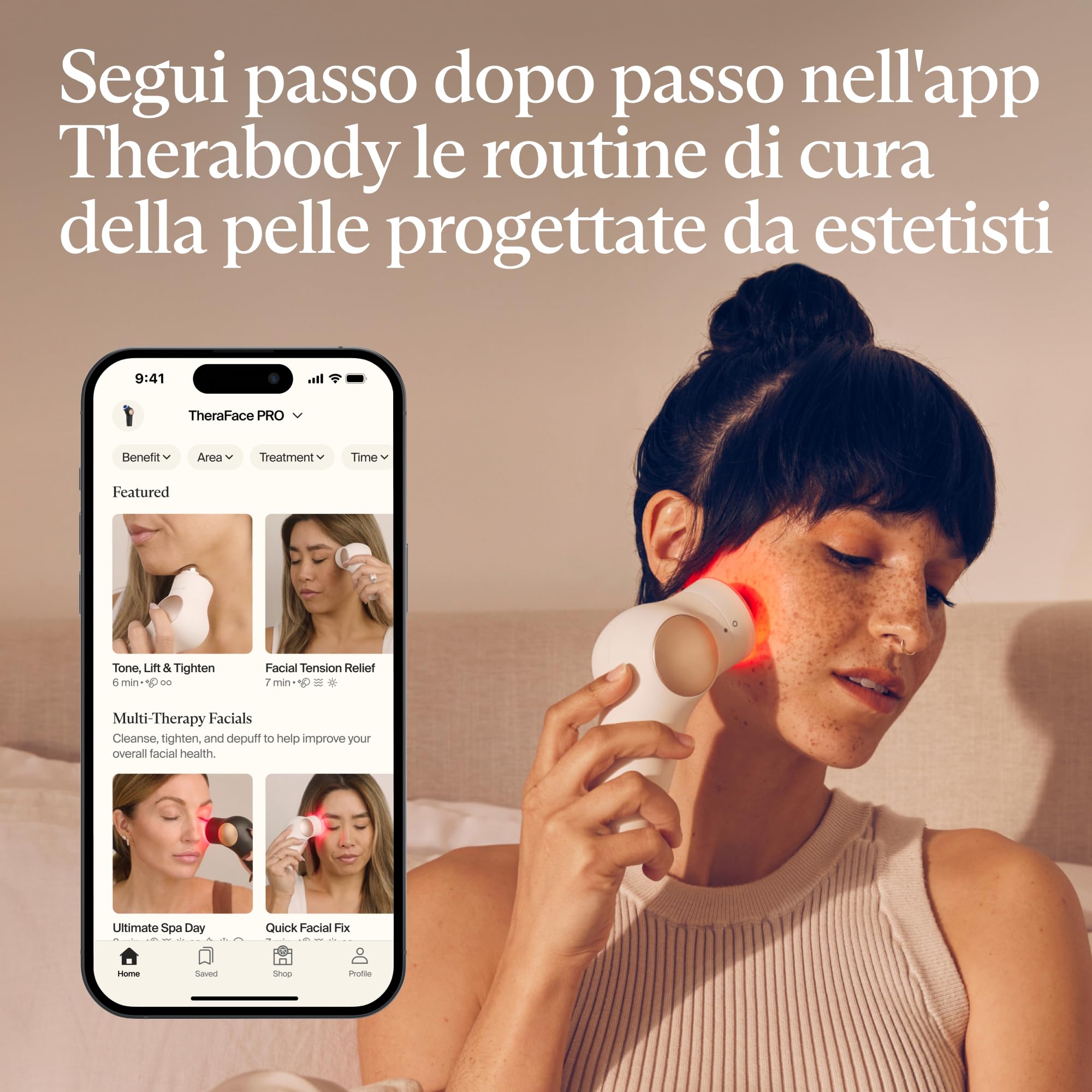 TheraFace PRO | Dispositivo per la cura del viso 6-in-1 con massaggio a percussione - microcorrente - luce LED blu e rossa da Therabody (Bianco)