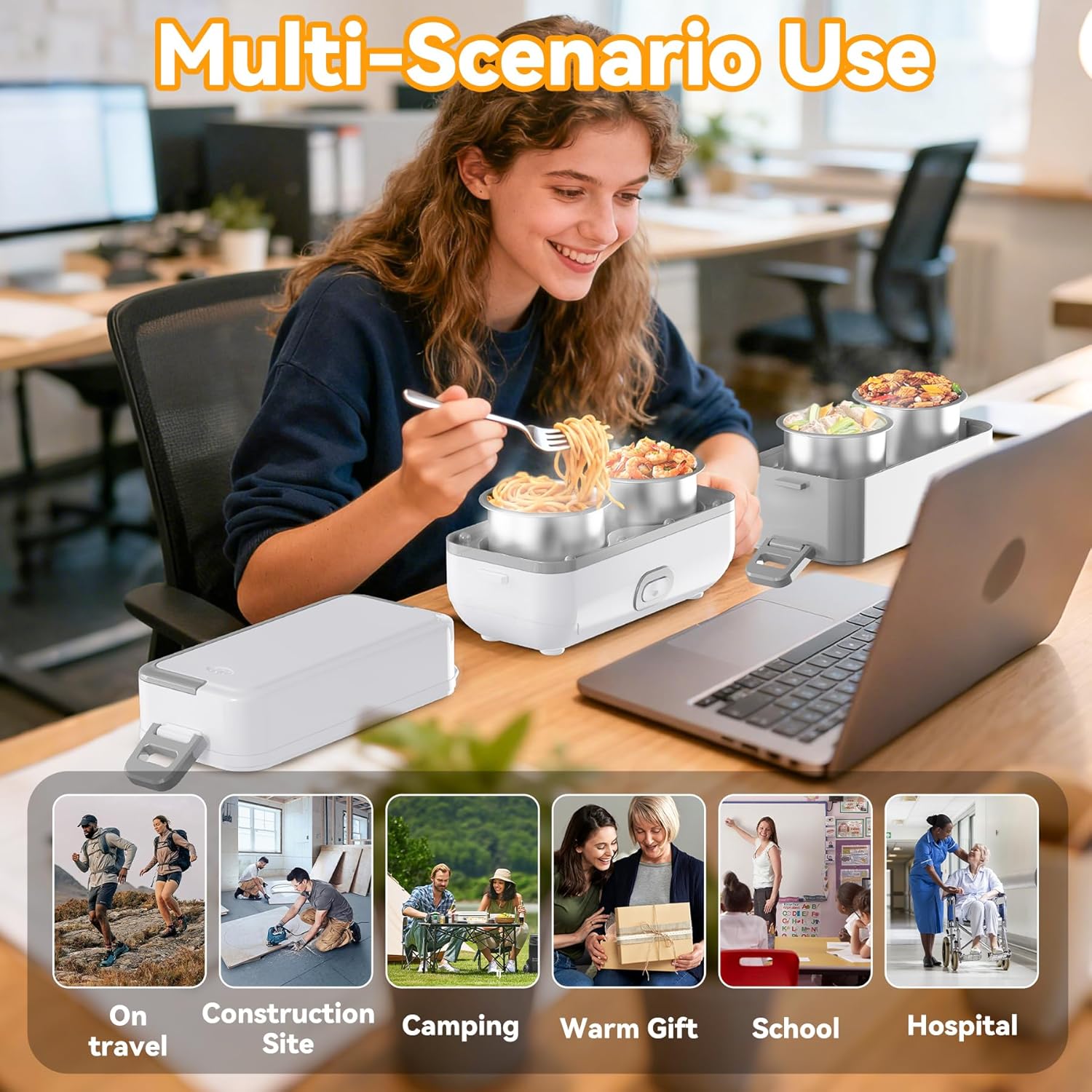 Electric Lunch Box for Adults, 2L Dual-Layer Stainless Steel Heated Food Warmer with 4 Containers, 200W Fast Heating Lunchbox for Work/Home/Office, Lonchera Para Mujeres y Hombres, White