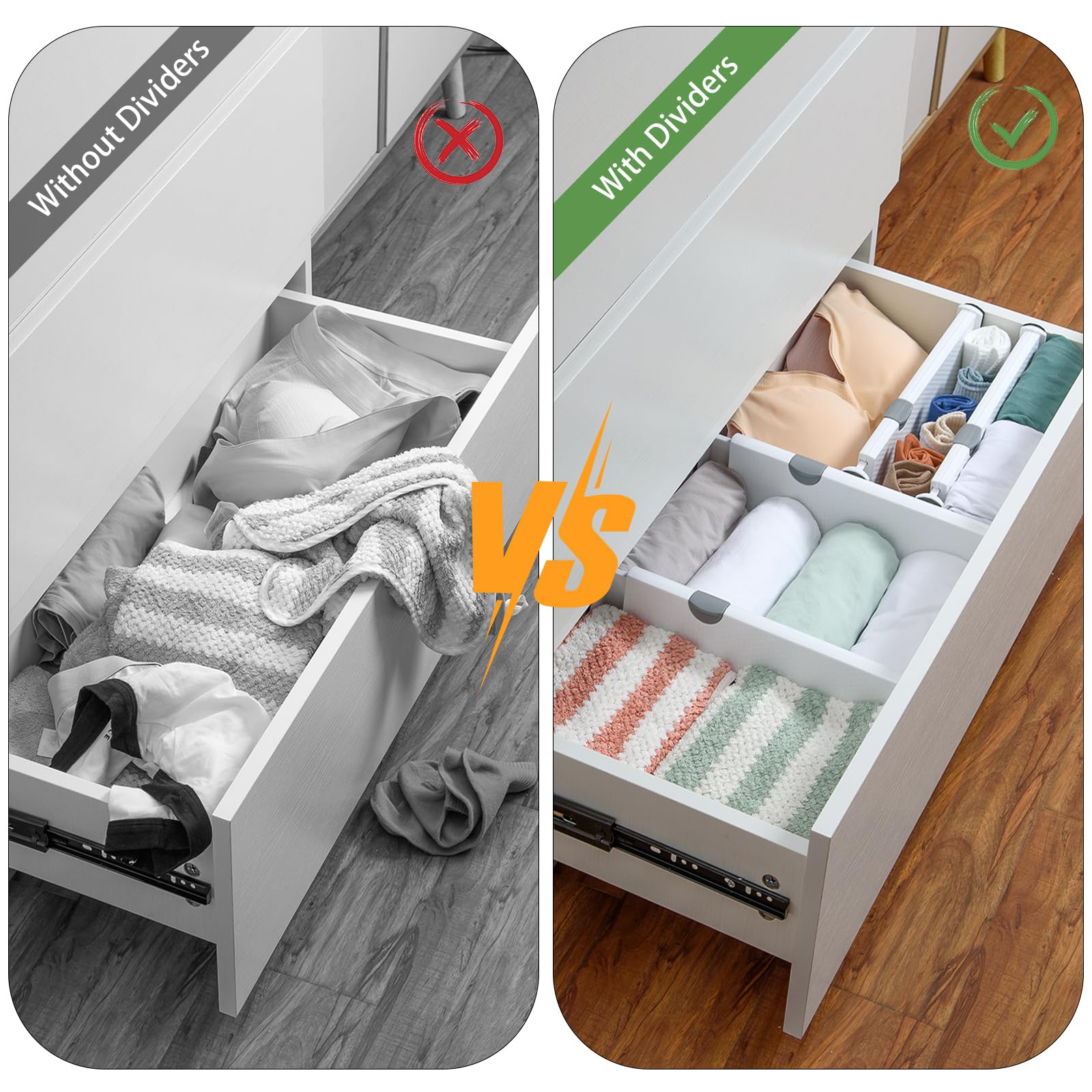 Cinnani Separadores de Cajones Ajustables, Juego de 5 Separador Cajones de Plástico, Extensible de 27,8 cm a 43,5 cm, Divisorias para Gavetas, Organizador Cajones Separador para Cocina, Baño, Oficina