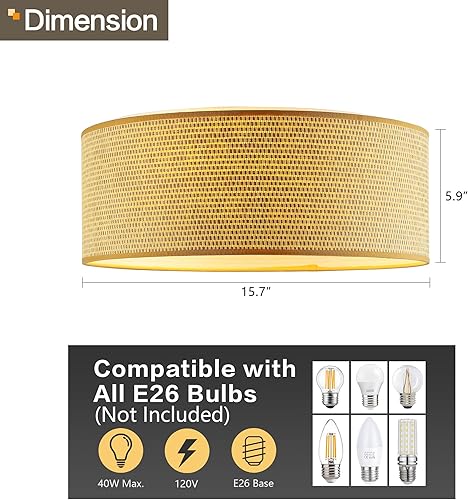 Miniatura 8 de WINGBO Lámpara de techo moderna de 15.7 pulgadas de montaje empotrado con 3 luces con tela y pantalla de doble tambor acrílica para dormitorio, sala