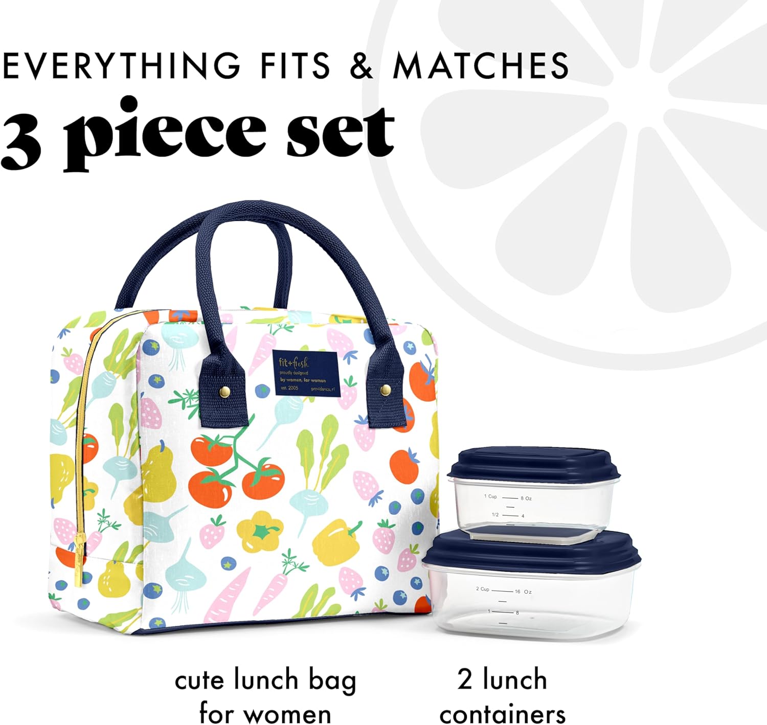 Fit & Fresh Bloomington Lunch Bag for Women - Insulated Large Lunch Box for Work with Containers, Leak-Resistant, Stain-Resistant, Zipper Closure, Fruit Print - Image 2