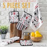 Vista 3 de Juego de ropa de cocina de 5 piezas, 2 toallas de algodón, 2 agarraderas, 1 guante de horno con lazo para colgar, material 100% algodón en la parte