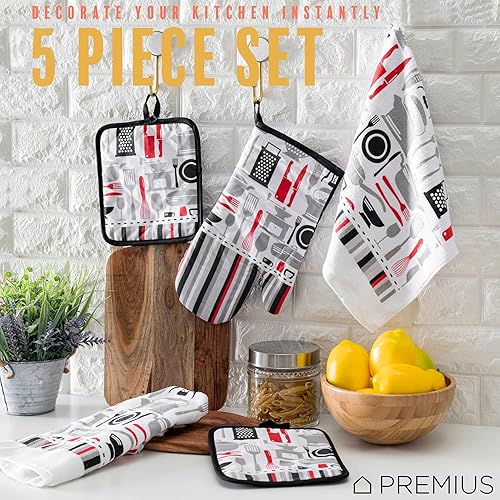 Miniatura 3 de Juego de ropa de cocina de 5 piezas, 2 toallas de algodón, 2 agarraderas, 1 guante de horno con lazo para colgar, material 100% algodón en la parte