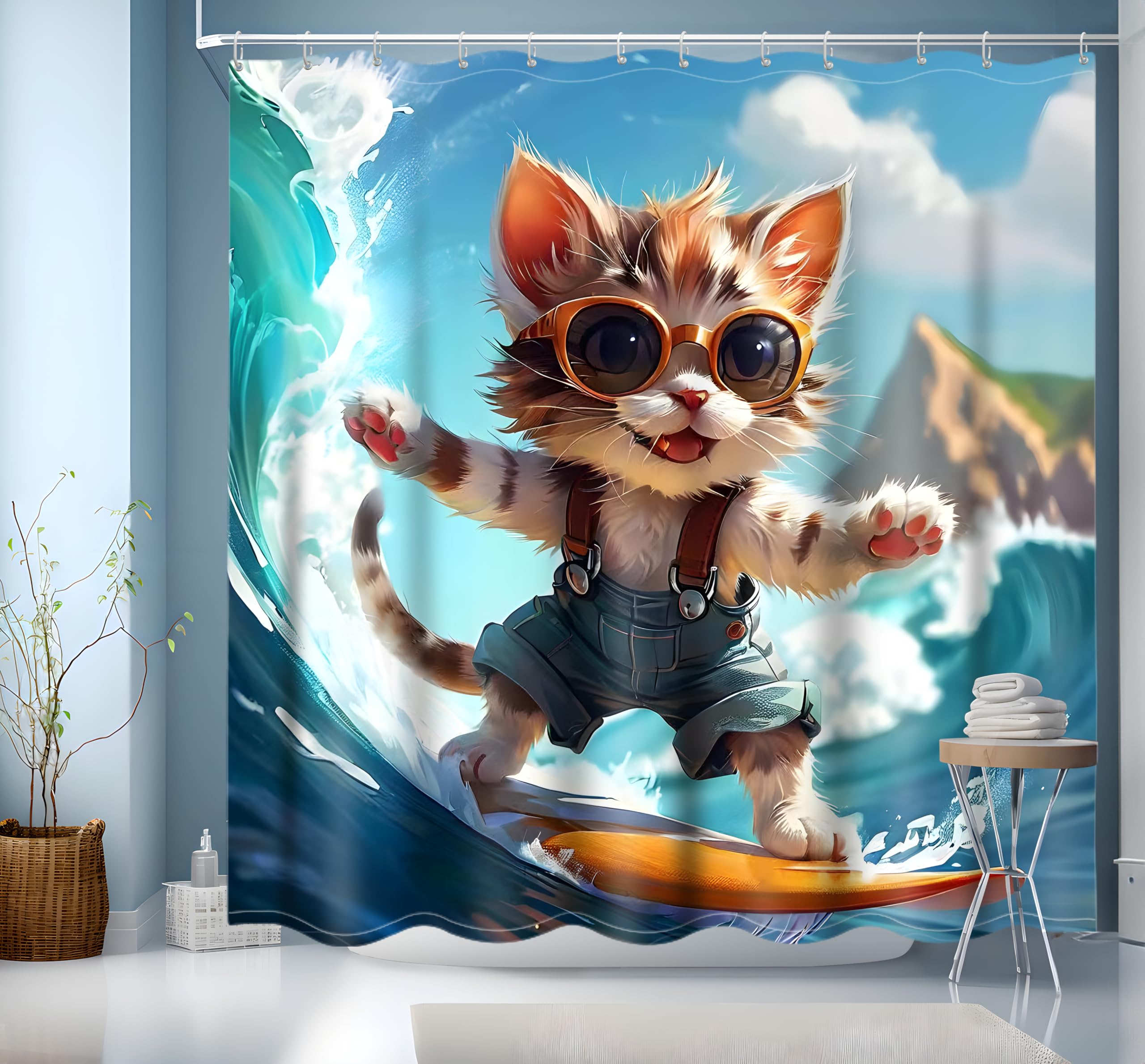 Zabawna zasłona prysznicowa z kotem 200x200cm, urocza kreskówkowa zasłona do wanny, zasłona do wanny z falą morza i oceanu, poliestrowe wodoodporne zasłony łazienkowe dla dziecięcej