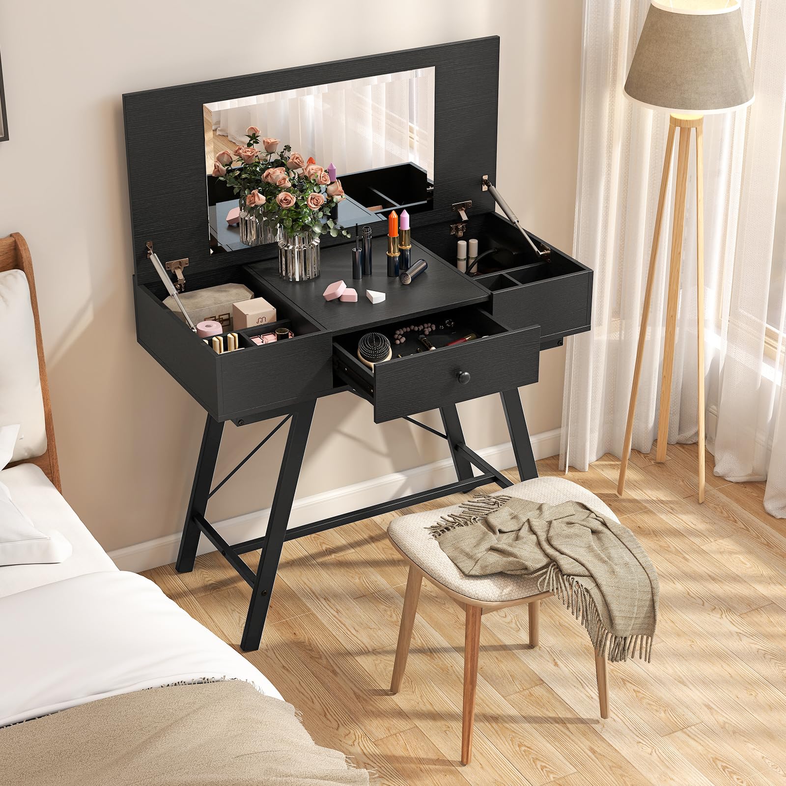 COSTWAY 2 in 1 Tavolo da Trucco Pieghevole, Tavolo da Toeleta con Specchio a Ribalta, Stazione di Ricarica, 6 Scomparti, Cassetto, Piano di Lavoro, per Soggiorno Camera da Letto (Nero)