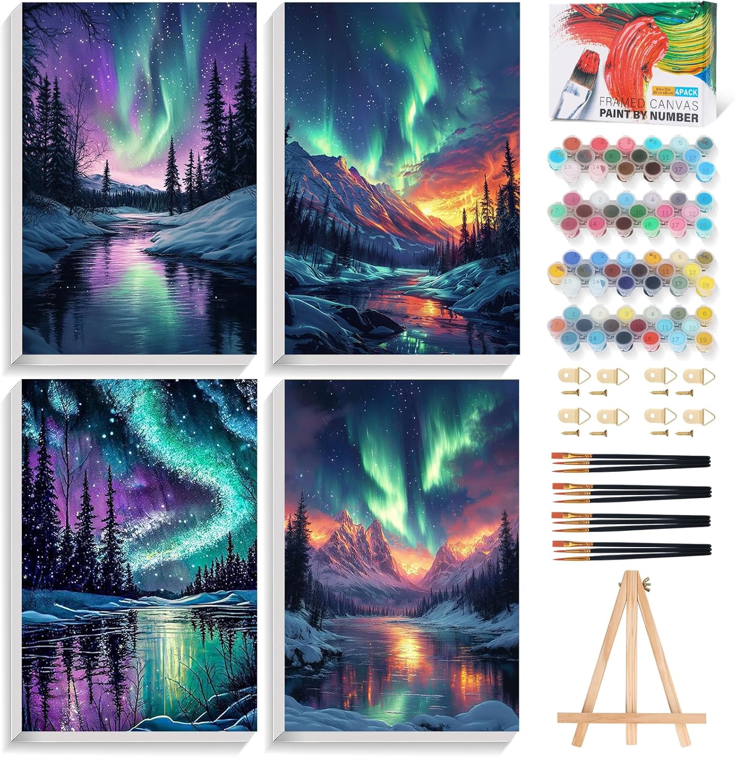 Fountor 4 Pack Framed Paint by Numbers Kit for Adults Beginners with Wooden Easel, DIY Aurora Paint by Number Kit with Frame, Aurora Painting by Numbers for Home Wall Decor 8x12 inch