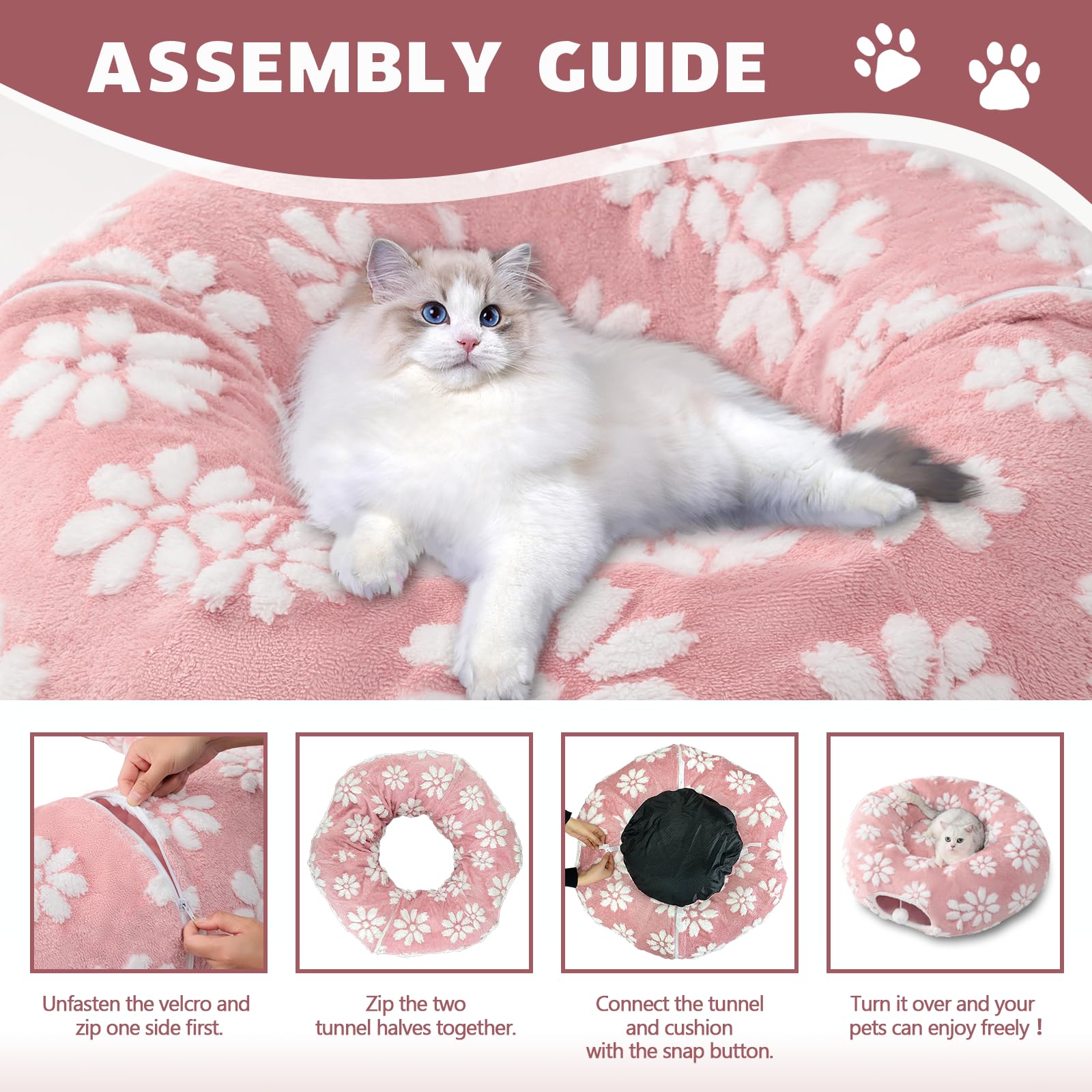 Túnel para gatos de interior, bonita cueva para gatos Peekaboo con bolas colgantes, cama de túnel de dona para mascotas con alfombrilla circular para cachorros, gatitos, conejos, flores rosas