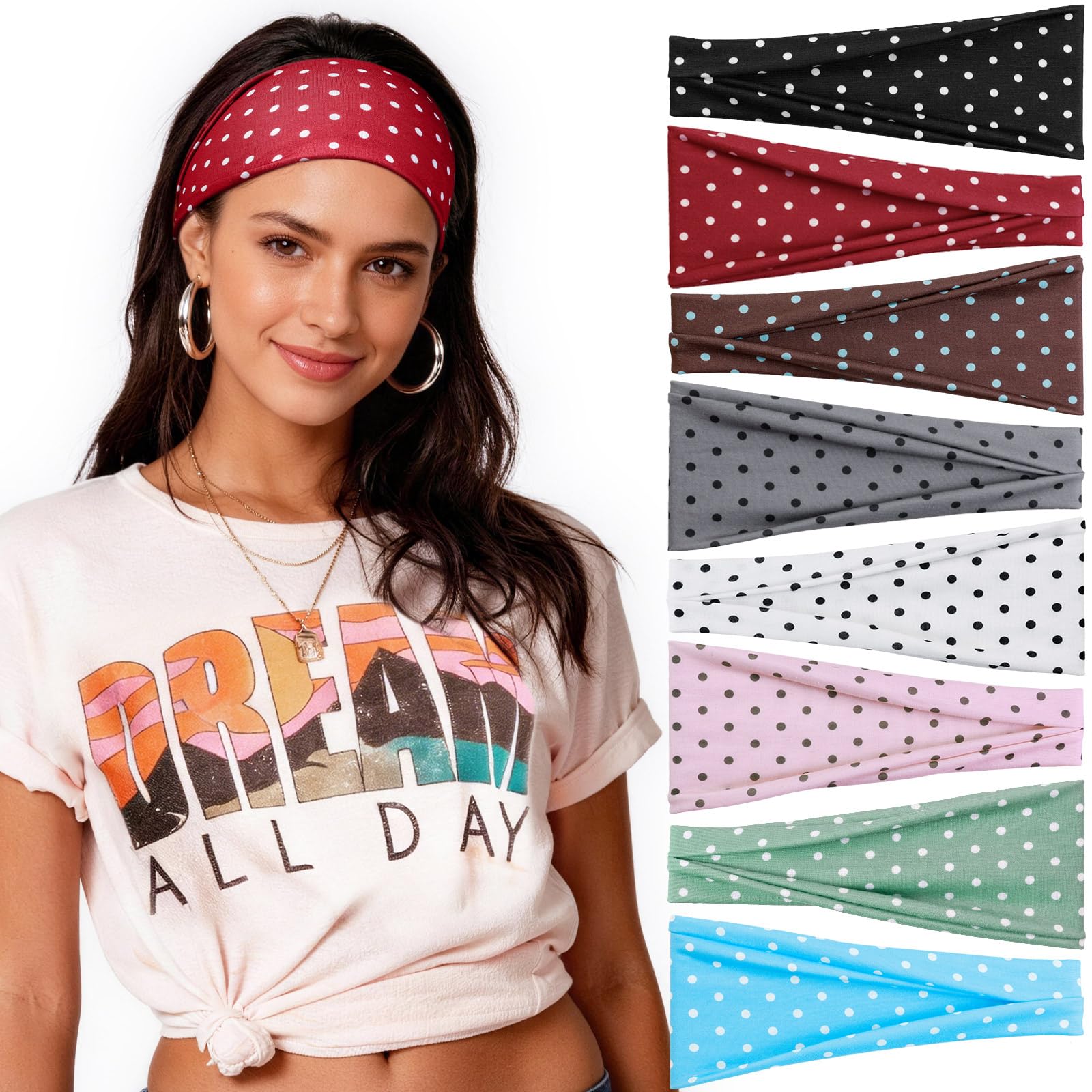 Awumbuk Headbands for Women, 8 Pack Non-Slip Moisture Wicking Sports Wide Head Bands, Stretchy Elastic Fabric, Multiple Colors Securing Hair for Fashion, Sports, Yoga, Running, Daily Life-image-34