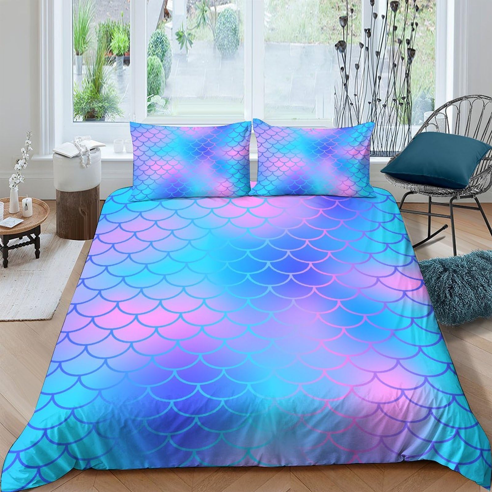 Ctjqhvkz Style-5 3D Printed Iridescent Mermaid Scales Fitted Sheet Microfiber Soft Colorful Gradient Bed Cover For Bedroom Dorm Decor Single（135X200cm）