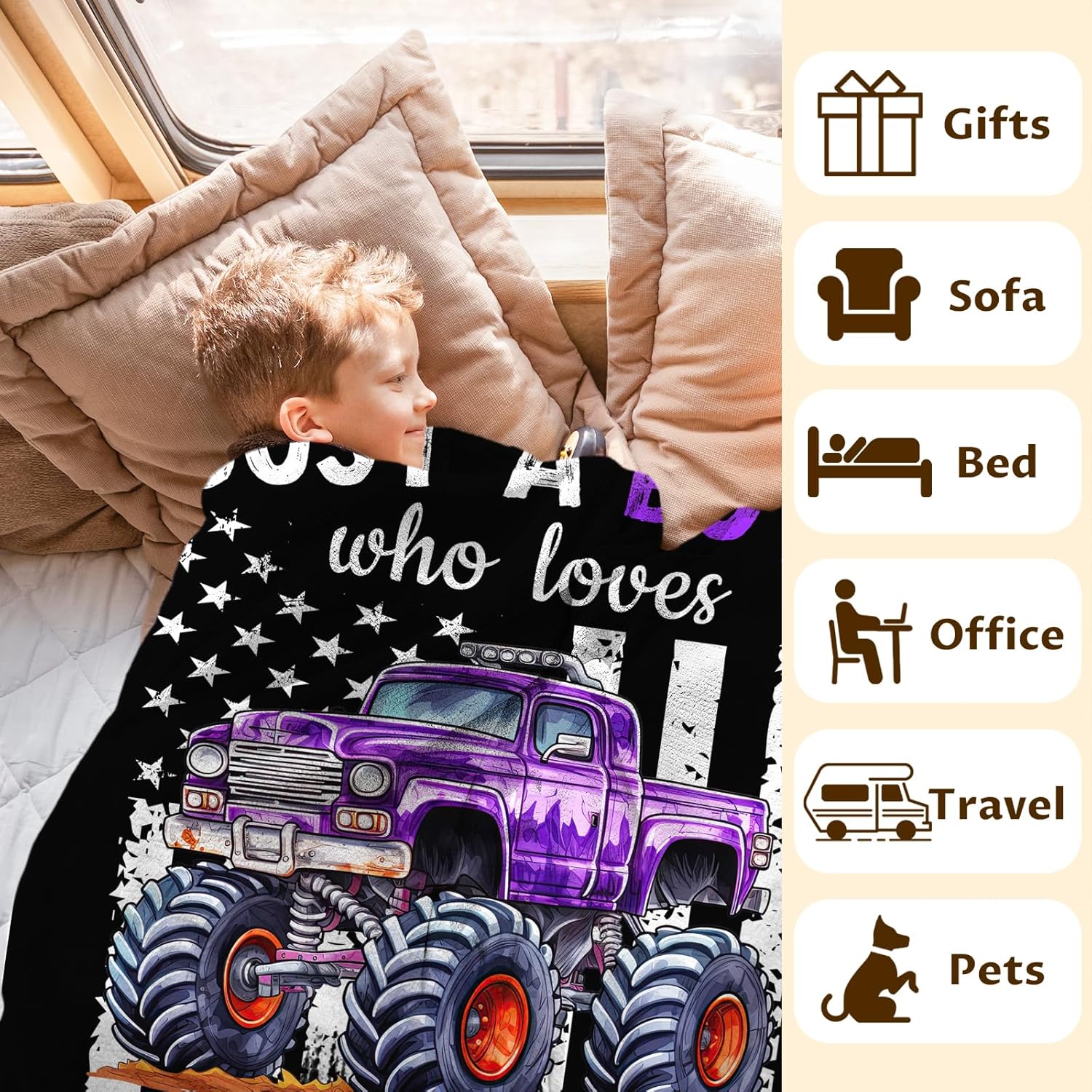 Boys Blanket for Kids Adults Truck Lovers - 60x80 Inches Cute Truck Throw Blanket Gifts - Black Soft Fuzzy Car Blankets for Couch Bed Travel