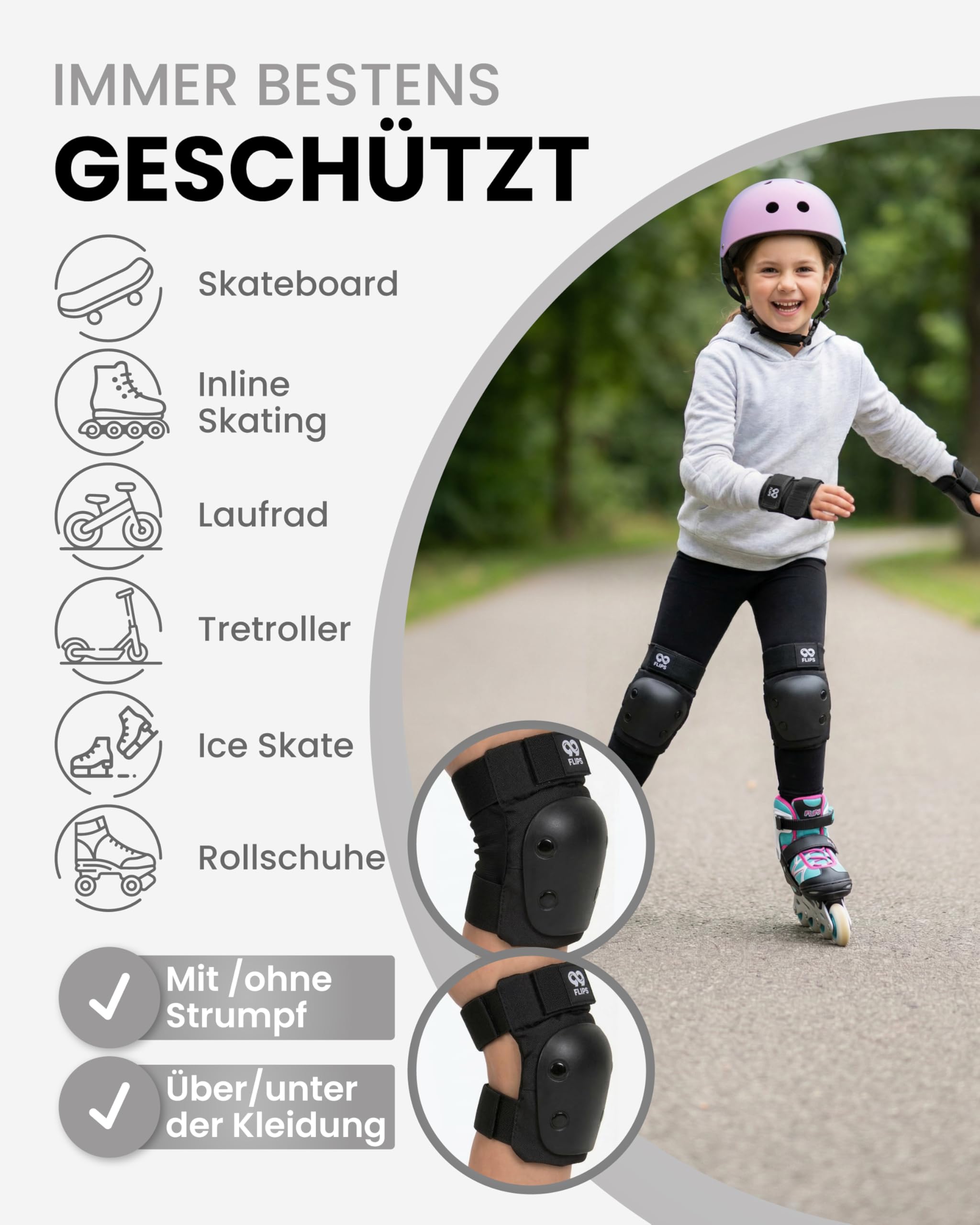 99FLIPS Schoner Inliner Kinder Knieschoner Kinder - Inliner Schoner Set - Schutzausrüstung - Knie und Ellenbogenschützer - SLIDE - Größe SM SCHWARZ - Knieschützer Skateboard, Scooter, Rollschuhe