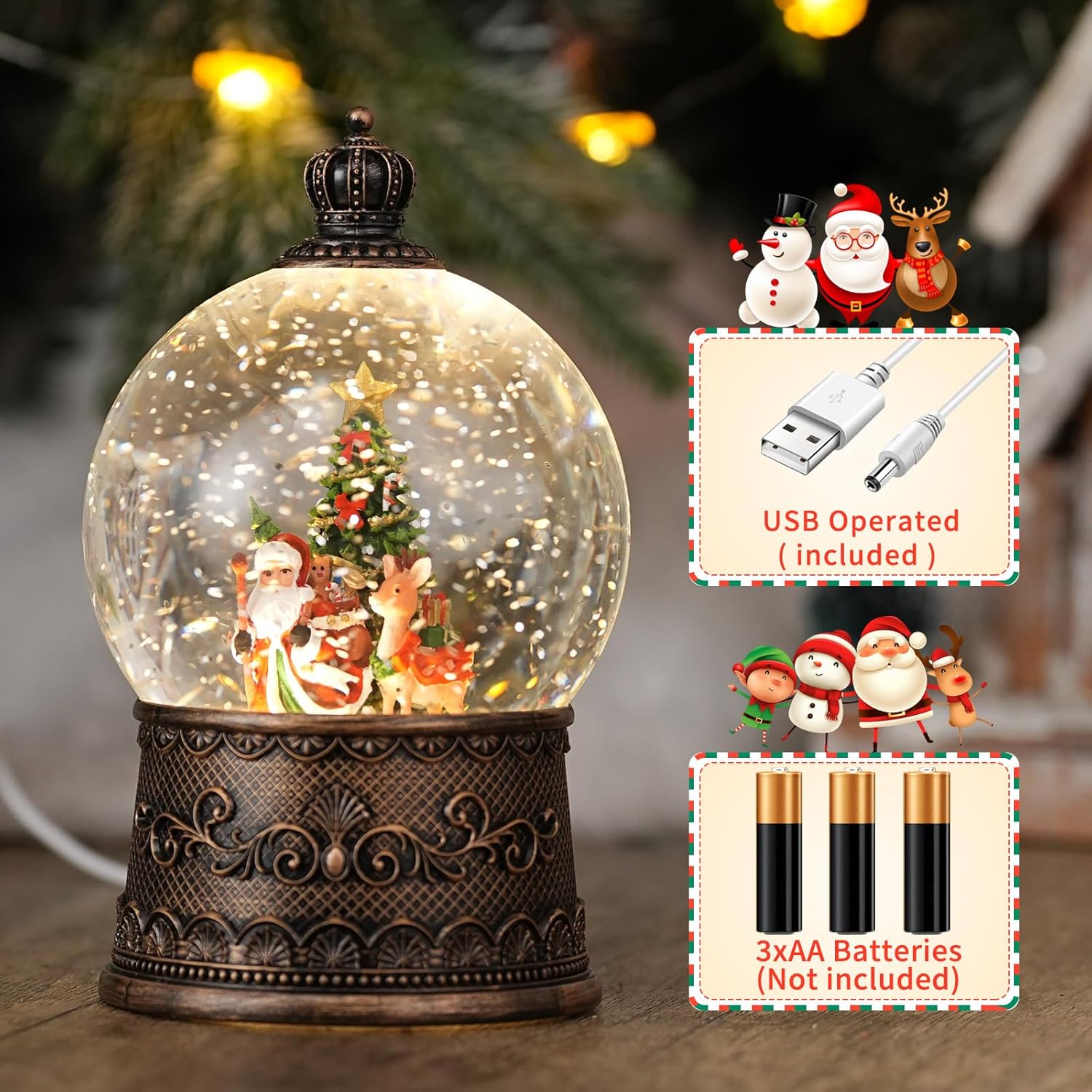 Snow Globe with Santa with Reindeer, Light Up Christmas Snow Globes with Music Timer - USB Plug or Battery Operated Glitter Globe Indoor Christmas Decorations - Image 4