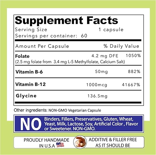 Miniatura 6 de Our Daily Vites - Cofactores de complejo de L-metilfolato B y aminoácidos esenciales (2.5 mg) - Folato activo, metilcobalamina B12 metilcobalamina,