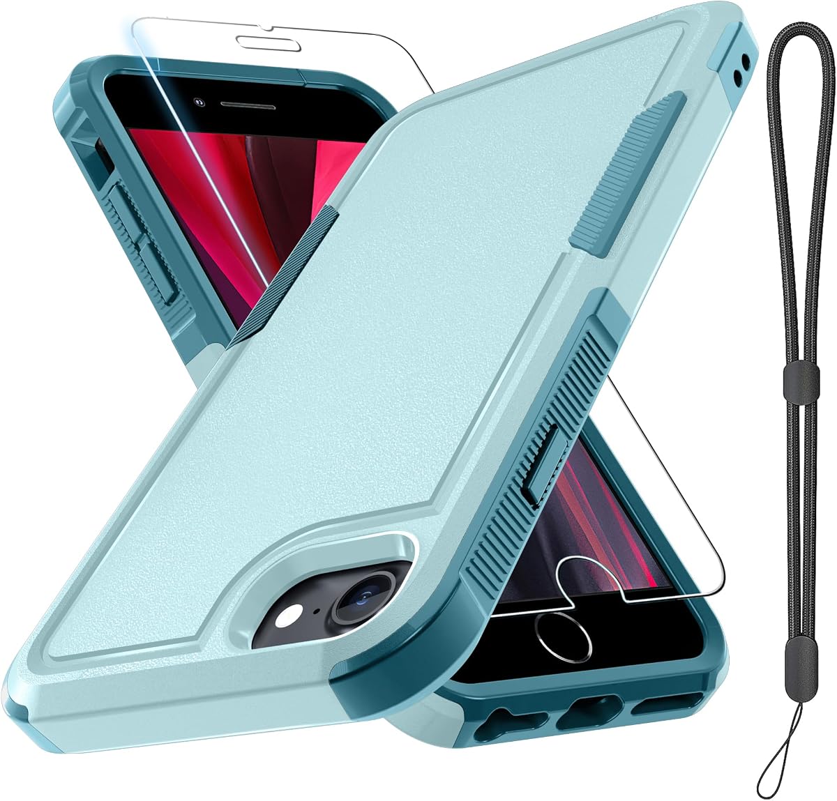 para iPhone 8/7/SE 2022 2020,Cubierta de teléfono de grado militar,Verde menta | con protector de pantalla + correa para la muñeca, estuche resistente a prueba de golpes para iPhone 8/7 / SE 2do 3ro 4,7 pulgadas