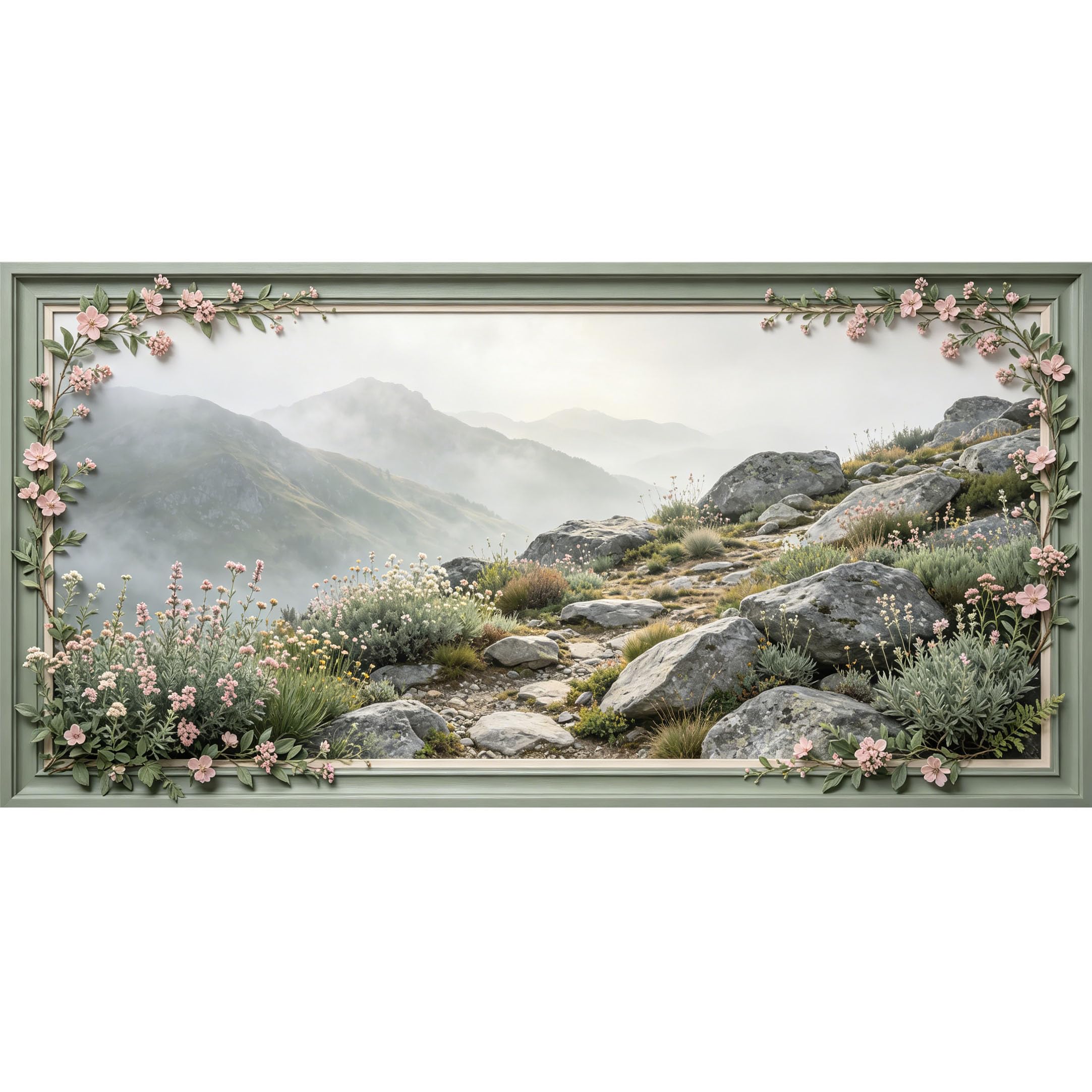 Agglomerix 3D Framed Wall Art Misty Mountain Floral Botanical Landscape Textured Large Size SelfAdhesive Removable Wall Decor Prints Artwork for Living Room Bedroom Office