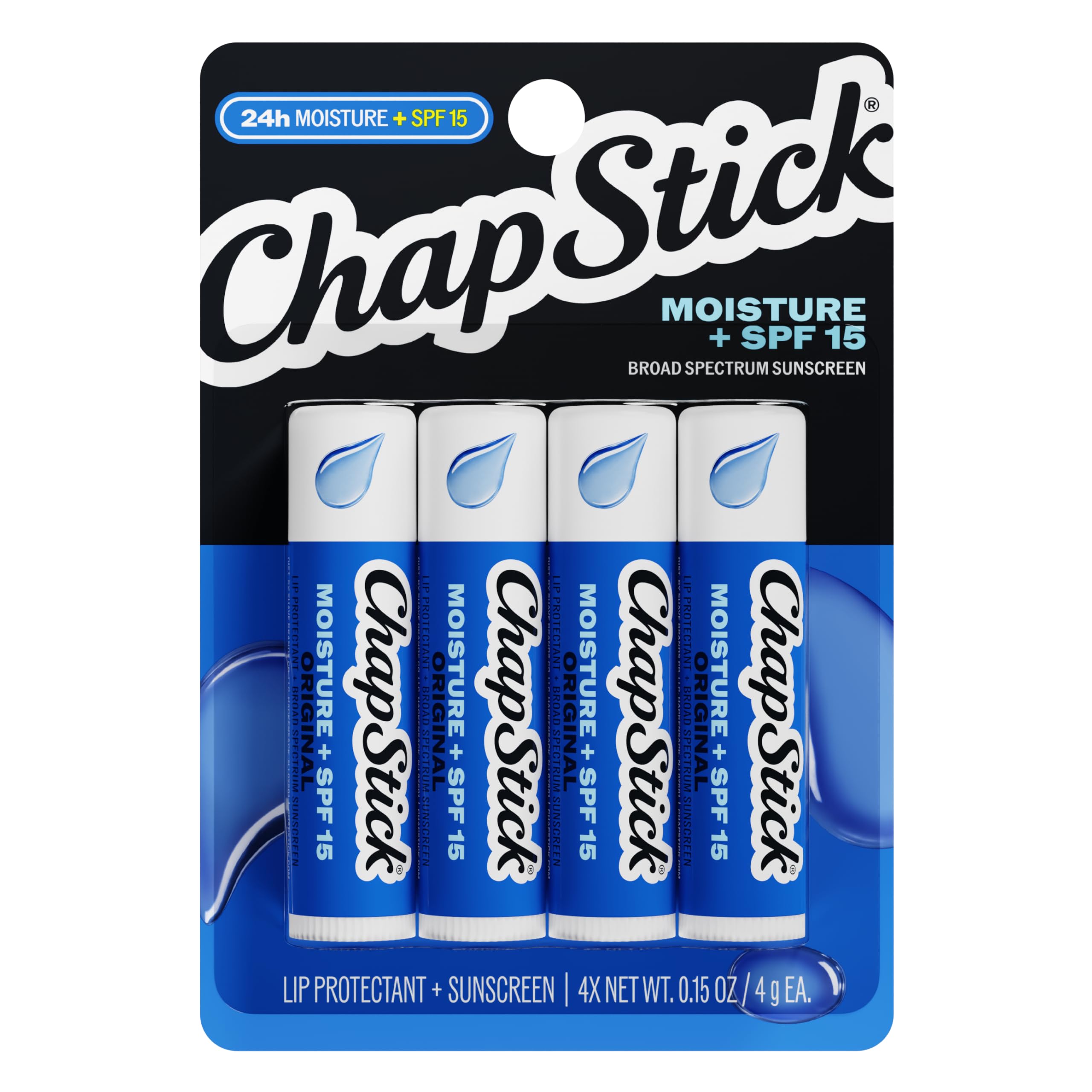ChapStick Moisture SPF + 15 Lip Balm Sticks with 24 Hour Moisture, 4-Pack