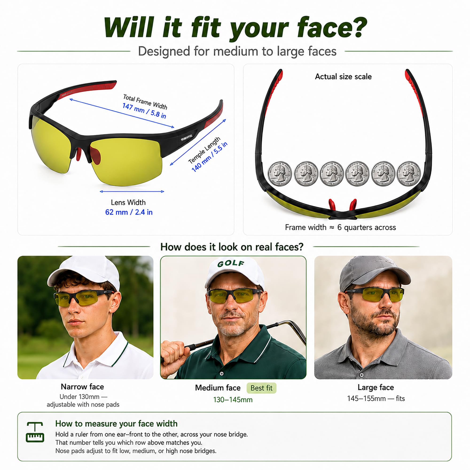 MAIVNZ Okulary do golfa o wysokiej rozdzielczości dla mężczyzn kobiet okulary golfowe sportowe okulary przeciwsłoneczne (czarna oprawka, zielona soczewka golfowa)